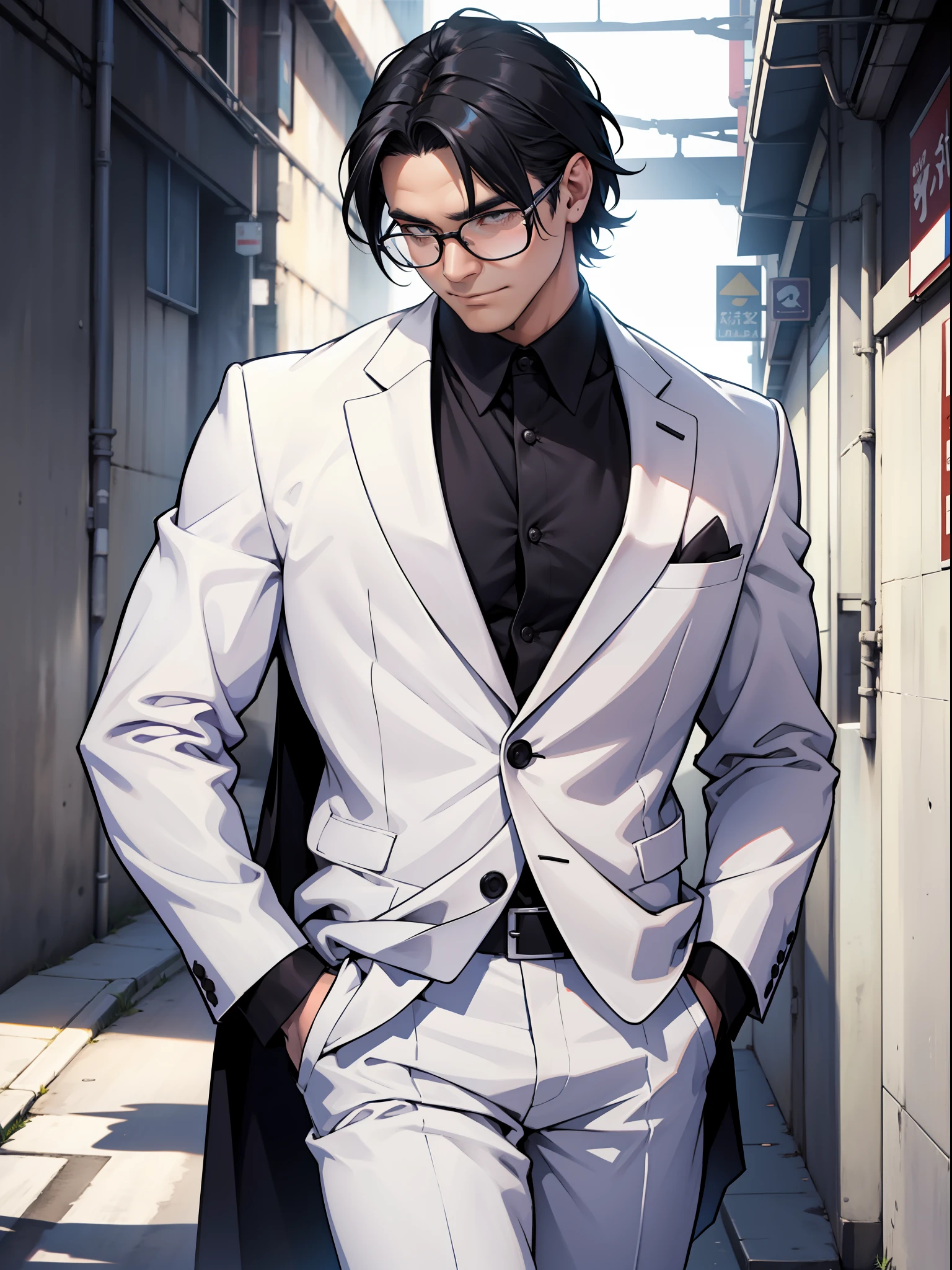 Middle-aged man wearing a white suit,Black colored hair
