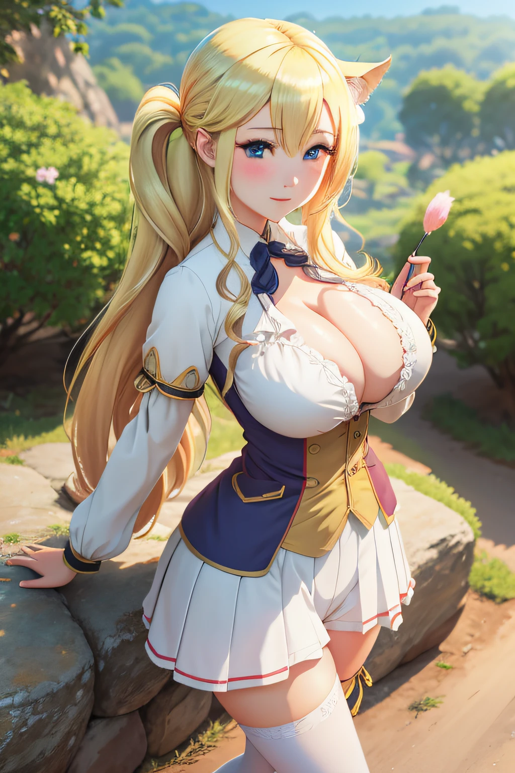 enome 1girl， long whitr hair， nedium breasts， Blushlush， ssmile， blond hairbl，big cleavage breasts， tiese， school ground ， （hentail realism）， （tmasterpiece：1.2）， （best qualtiy）， （ultra - detailed）， （8k， 4k， 复杂）， （full body shot of：1）， （85mm）， light particules， illuminating， （highly  detailed：1.2），（Detailed face：1.2）， （Gradient）， SFW， a color， （Detailed eyes：1.2）（detailedbackground）， detailed scenic view， （dynamic angle：1.2）， （dynamicposes：1.2）， （third_composition：1.3）， （Line of action：1.2）