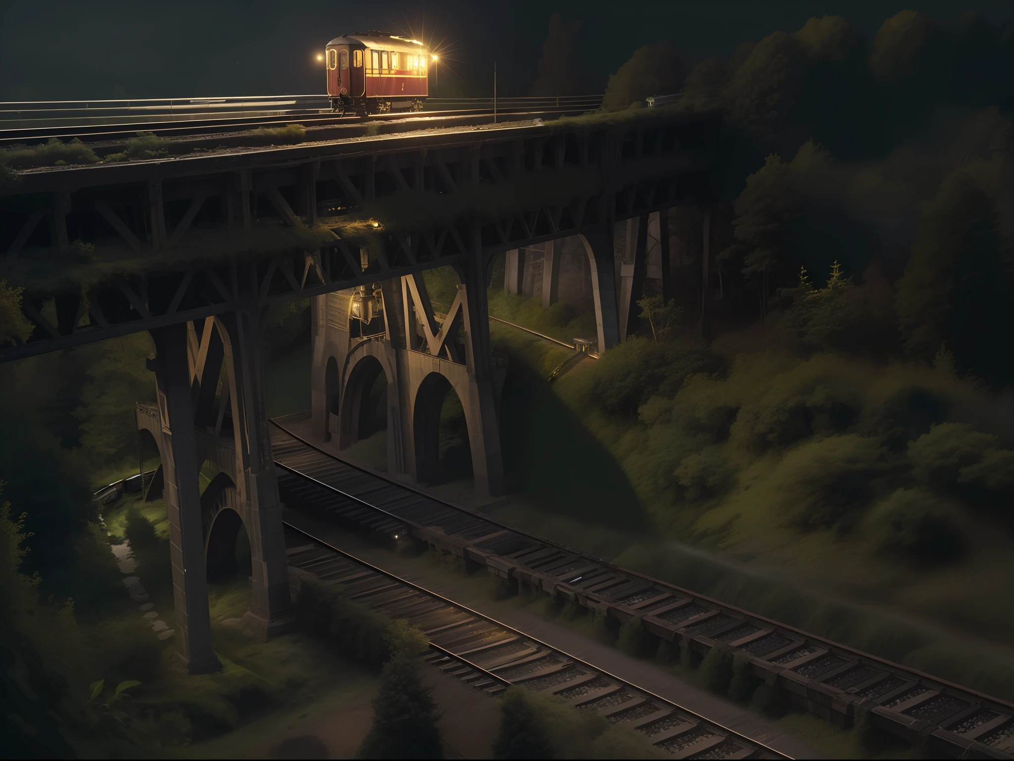 night time, a Bridge, forest area, Golden headlight, Old style, a train run, passenger train.