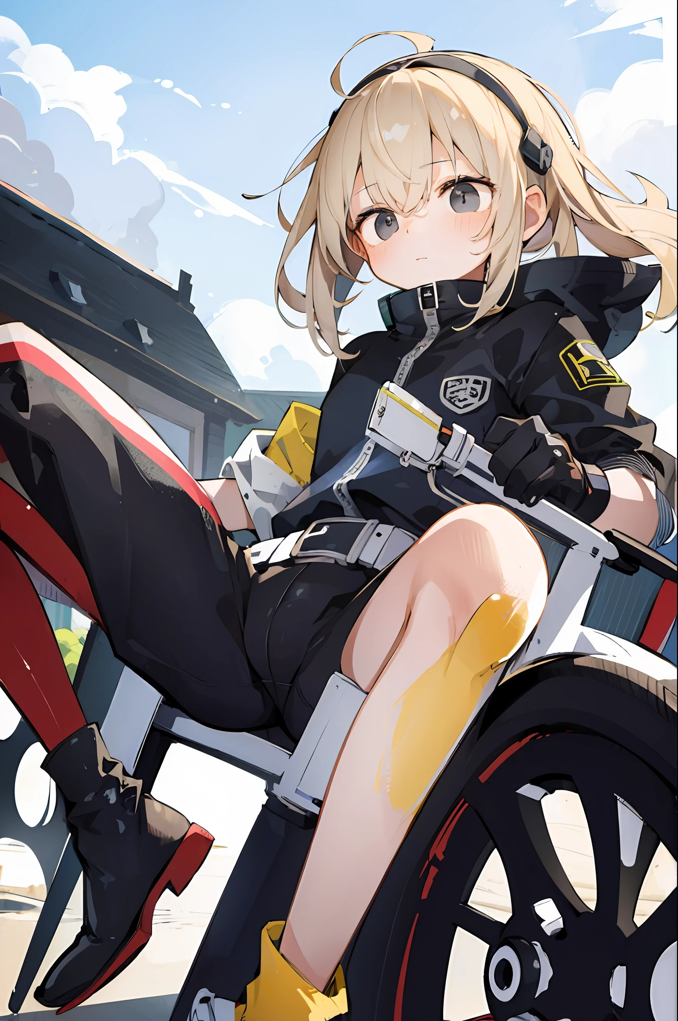 (Masterpiece, Best Quality:1.3), 1girl, rider jacket, motorcycle, driving gloves , beige hair, long hair, shaggy cut, black eyes,