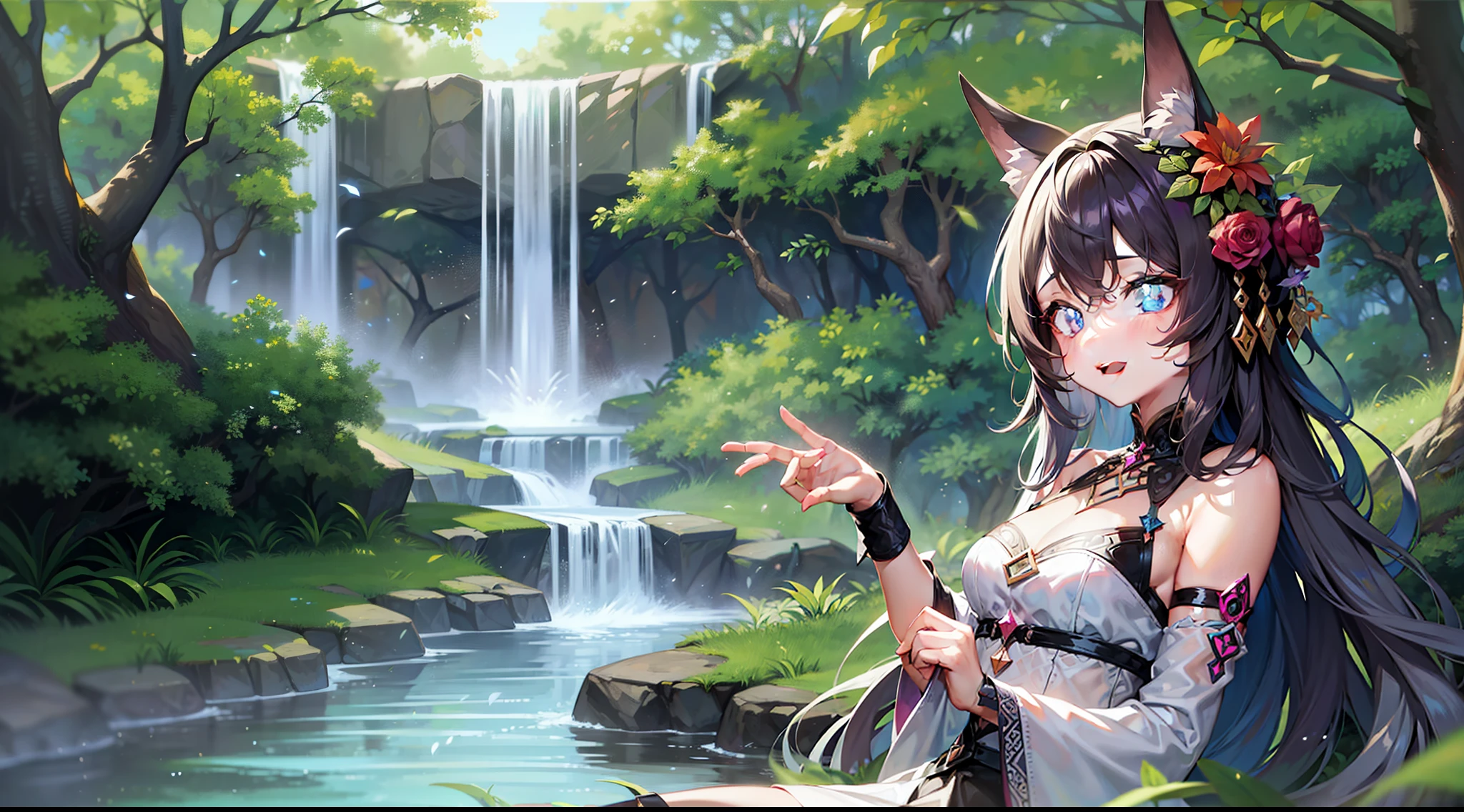 In a magical glade, Aiden encounters the mischievous nymph, surrounded by vibrant flowers and sparkling waterfalls. The nymph playfully presents a riddle to Aiden, her eyes gleaming with curiosity. The riddle's enigmatic nature is conveyed through ancient symbols and mysterious glow, challenging Aiden's wit and intelligence.