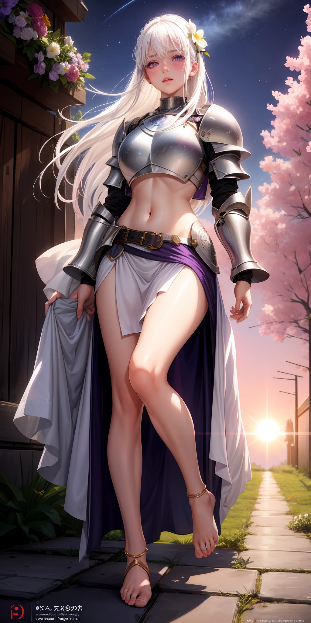 realistic, 1girl, white hair, purple eyes, glowing eyes, crop top, skirt, parted lips, blush, night, flowers, sun, sunlight, high detail, knight armor, no shoes, bare feet,