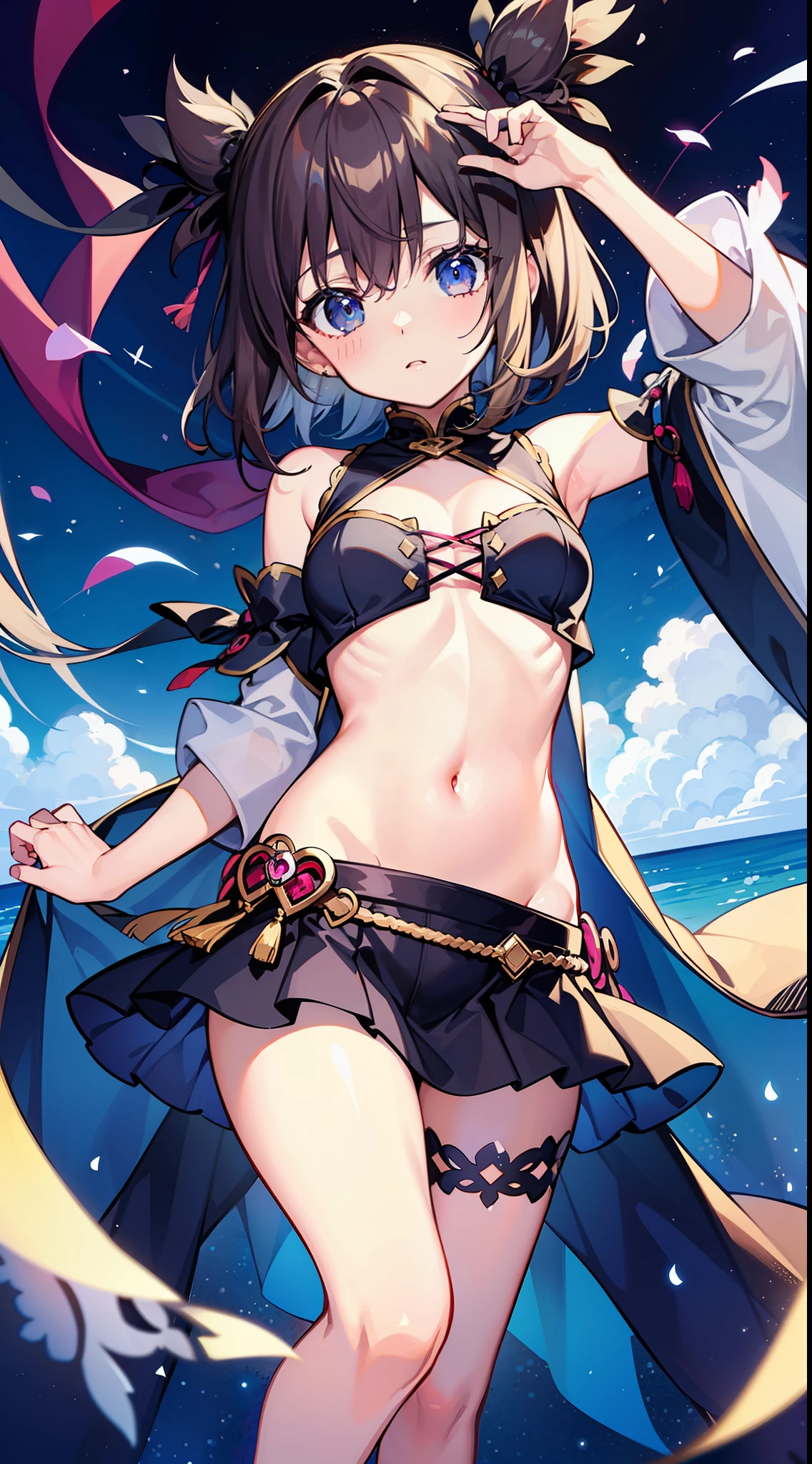 Masterpiece、top-quality、1girl in、Folklore costumes、a miniskirt、Navel out、Cute anime illustration、