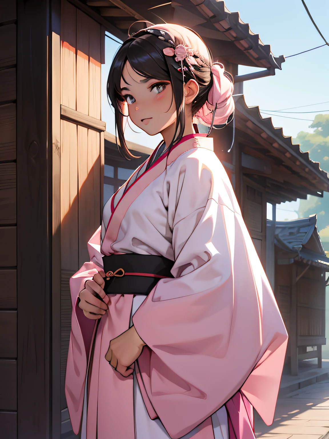 A woman,Wearing pink Hanfu,cabelos preto e longos,Wear hairpins on your head,Stand dignified,j