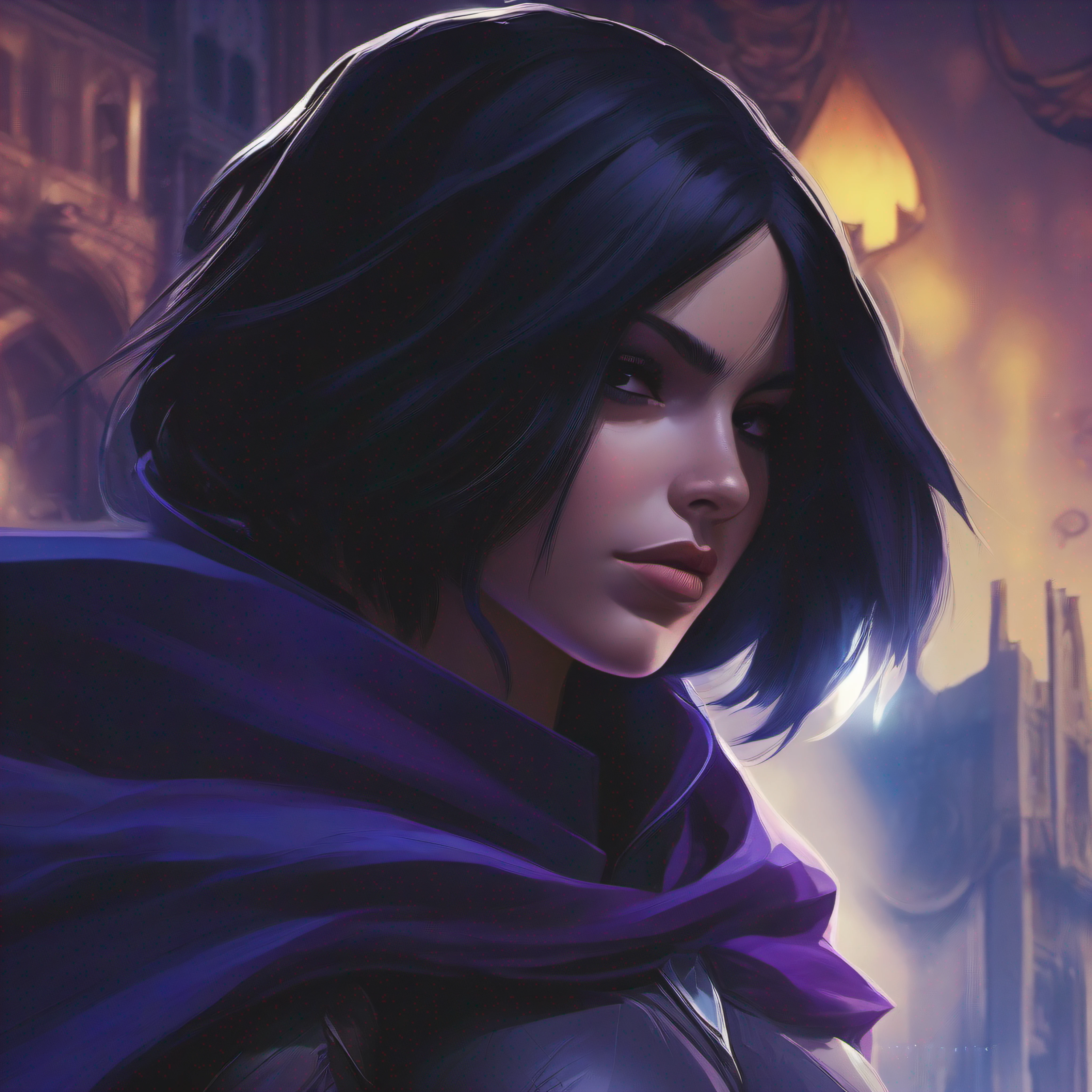 Beautiful, titans, Raven, a-line bob hairstyle, keep cloak, goddess style, realistic, cinematic lighting