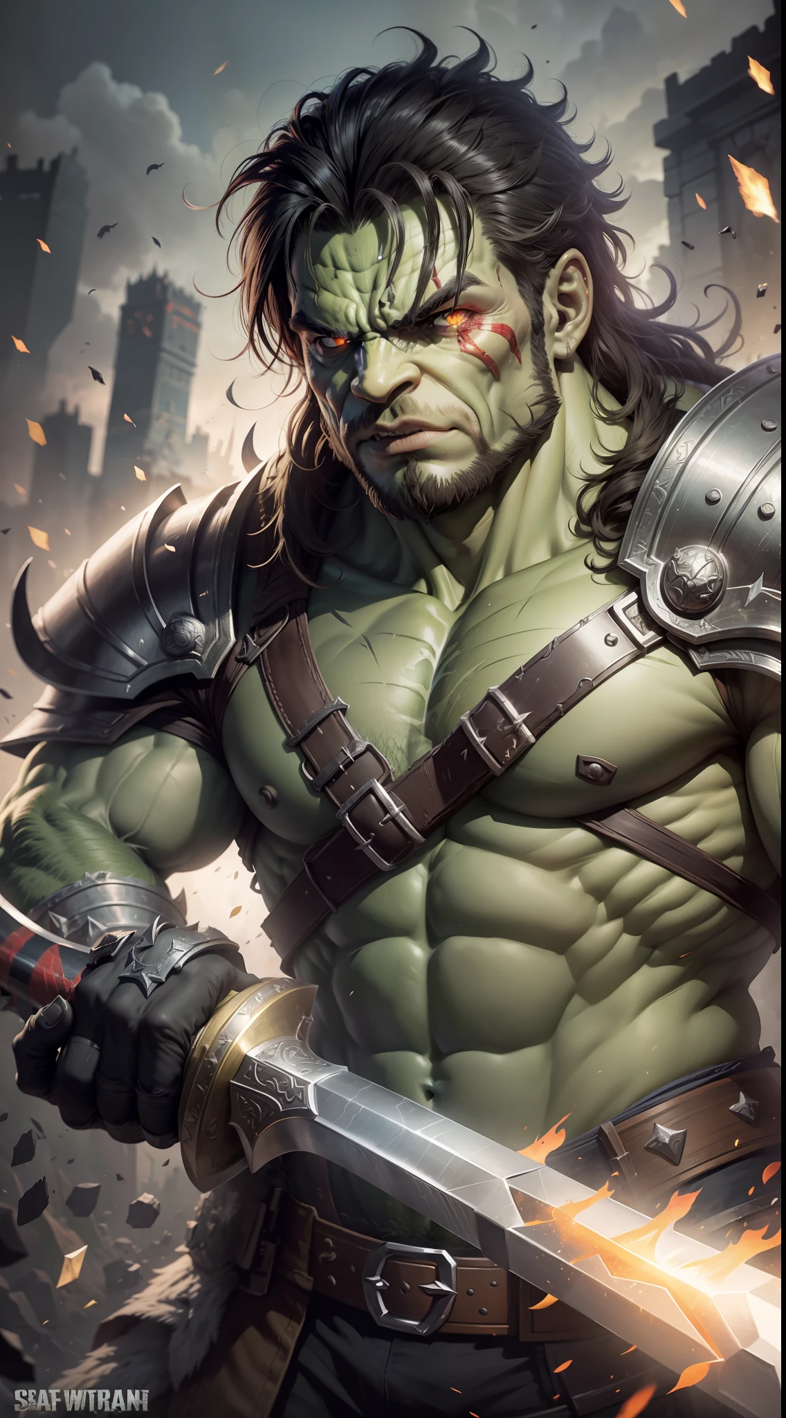 a hulk with a sword and armor standing in front of a black background, hulk kratos, hulk as kratos, sam hyde in god of war 4, portrait of hulk kratos, infinity blade armor, warrior platinum armor, god of war, with leviathan axe, heavy white and golden armor, [epic, barbarian class, hulk as god of war, barbarian