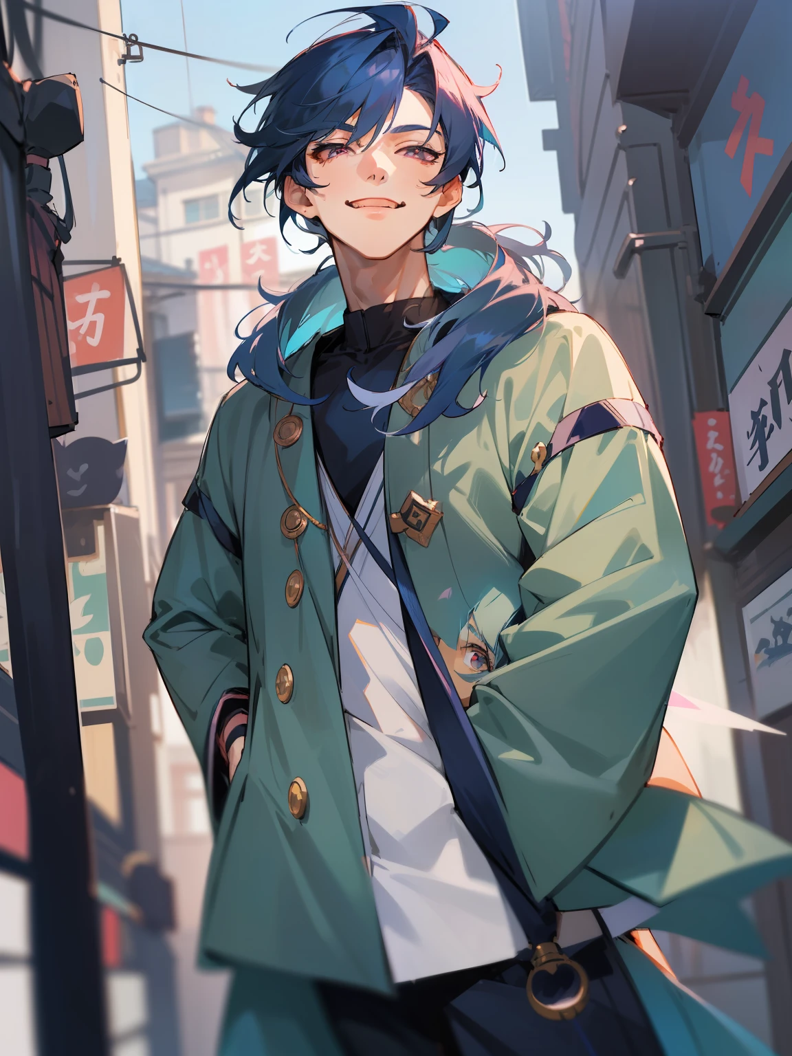 Ultra Detail,Haig Quality,sketch,1boy,matured male,Beautiful face,(Navy blue hair,Outer hair:1.3),Handsome men,Pearl skin,black tshirt,Moss Green Mod Court,Dynamic Angle,Japan Anime,Pink eyes,Laugh,Like a cat's eye,city,male in his 20s,