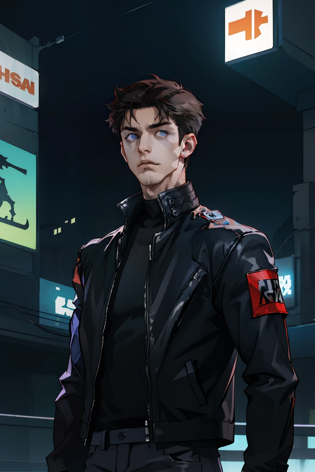 (absurdes, ah high, ultra detialed), ciberpunk, 1 male, 独奏, youth, Young guy, tall muscular guy, skinny shoulders, beutiful, dark colored hair, Short Hair Hair, dark grey eyes, forehead, angular jaw, Thin neck, ciberpunk, Neon lights in the background, upper-body, The entire upper body is visible, leather jacket and t-shirt, teenaged, gaze at the viewer, stands upright, You can see the entire upper body up to the waist