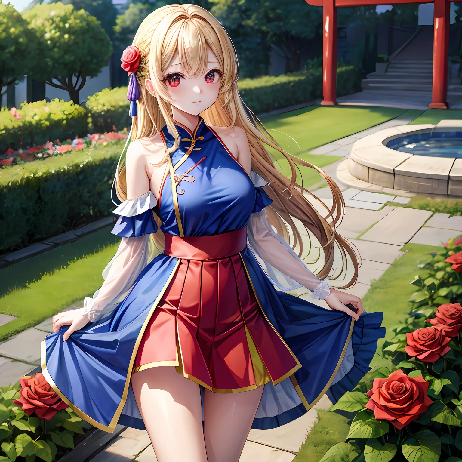 a blond、red eyes、Beautiful girl alone、kawaii、独奏、animesque、chinese blue clothes、off shoulders、a miniskirt、rose garden