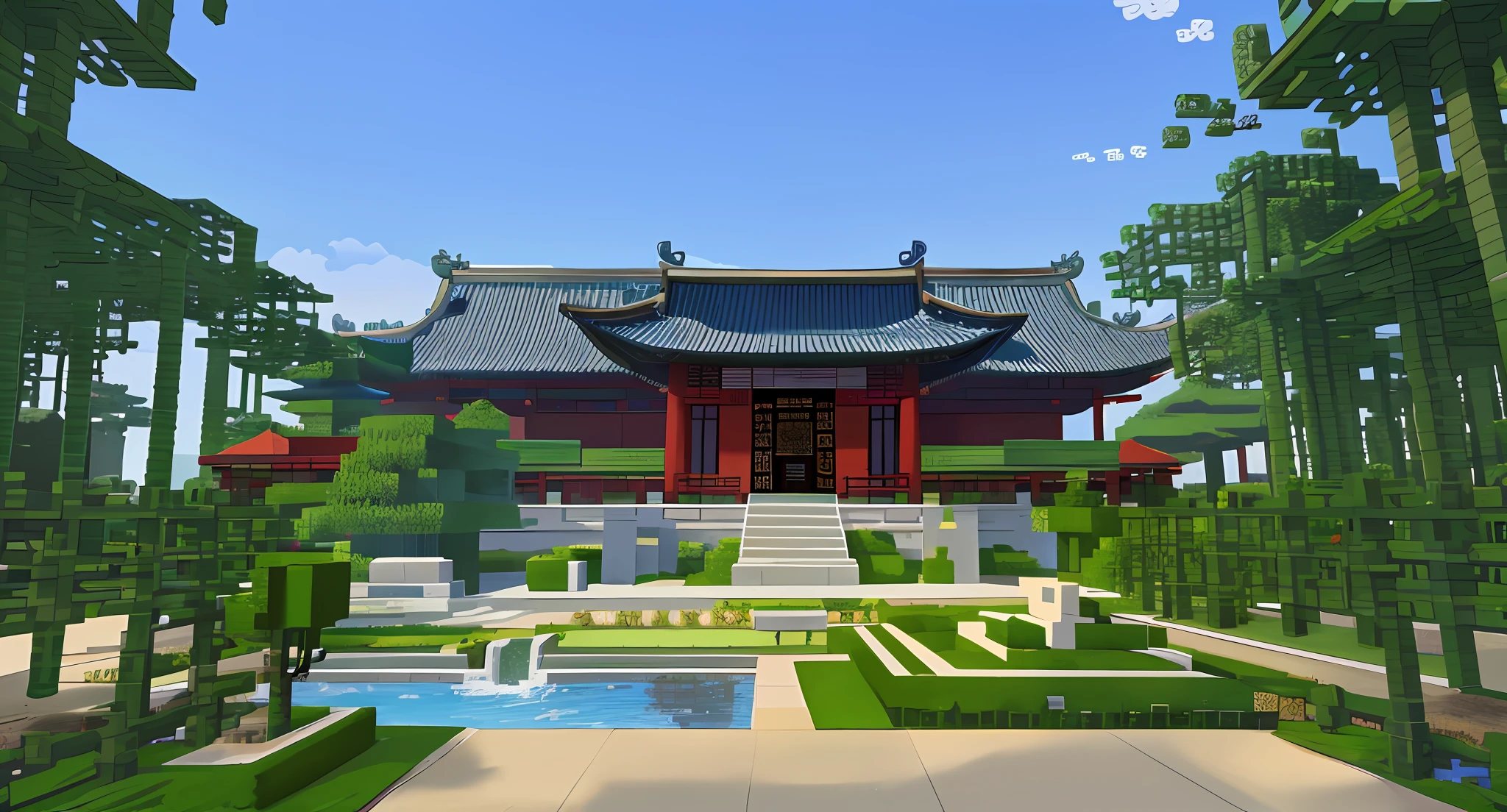It has a large number of trees，Close-up of buildings with bushes and running water, Screenshot from《Mini World》, With a Chinese temple, Tang Dynasty Palace, large temples,It is covered with bamboo all around， Aim for a《Mini World》style of,   really detailed, minecraft style, Chinese style buildings, beautiful screenshot, Chinese palaces, There are also several pandas that eat bamboo，The clouds in the sky are beautiful，The is very detailed,