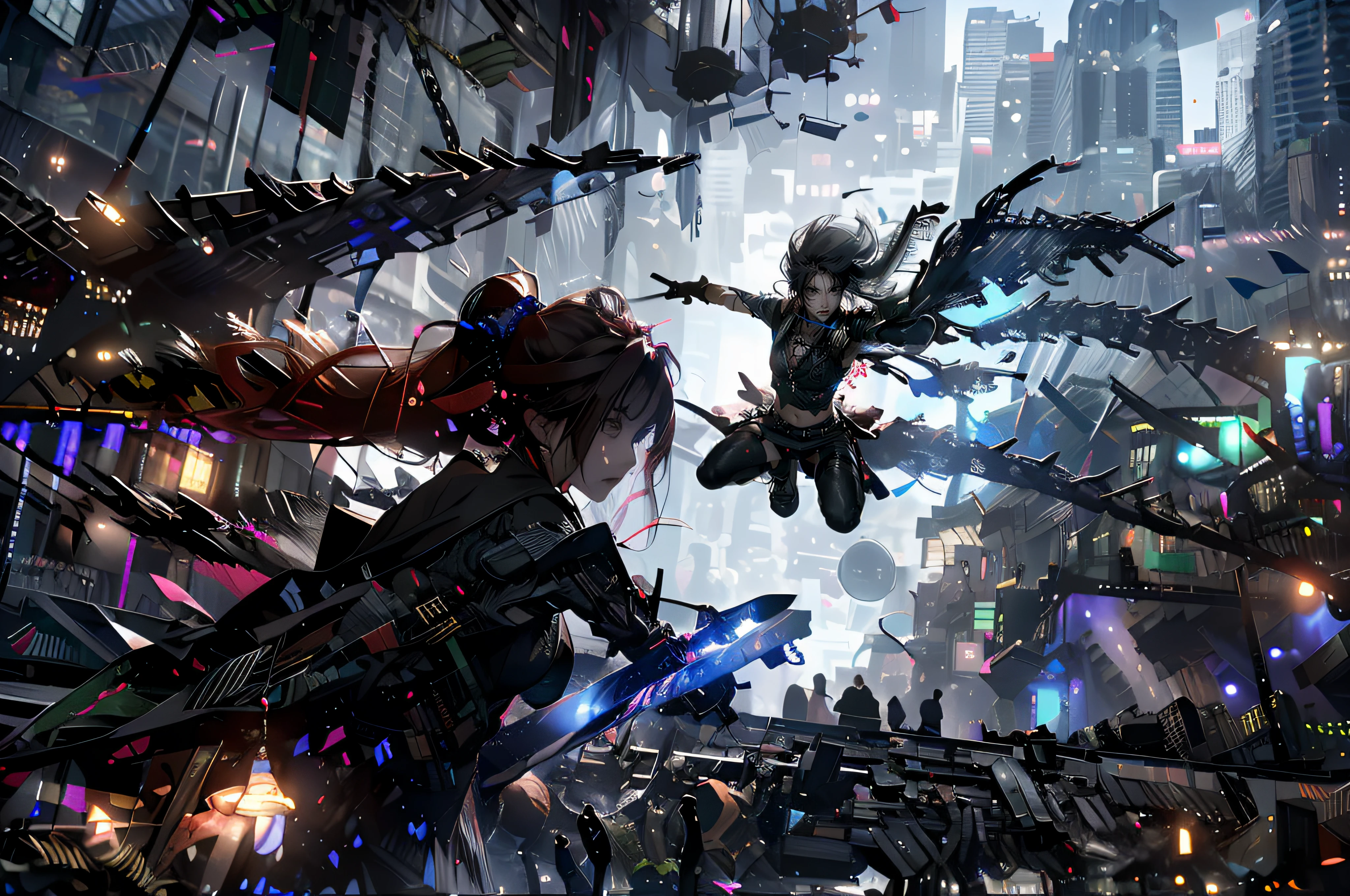 (((full bodyesbian))),{{very wide wide shot}},{{From below}},((Dutch angle)),((Perspective)),,((Battle process)),Two-player battles,Reflective floor, A masterpiece of mirrored textured flooring, best qualityer, best qualityer,Amazing,((2girls)),combat scene,finedetail,depth of fields,extremely detailed wallpaper CG unity 8k, Masterpiece, full bodyesbian,(Loli),(whaite hair), red streaked hair, Red eyes, (full bodyesbian),red hair, (((with sword))), Angry face,(美丽细致的眼睛), Blood drop,Blood fog, floated hair,light shafts, soft focus, character focus,messy hair,with long bangs, hairs between eyes, view the viewer,lowing hair, Floating, Splashing blood,Long hair,(blood stain)
