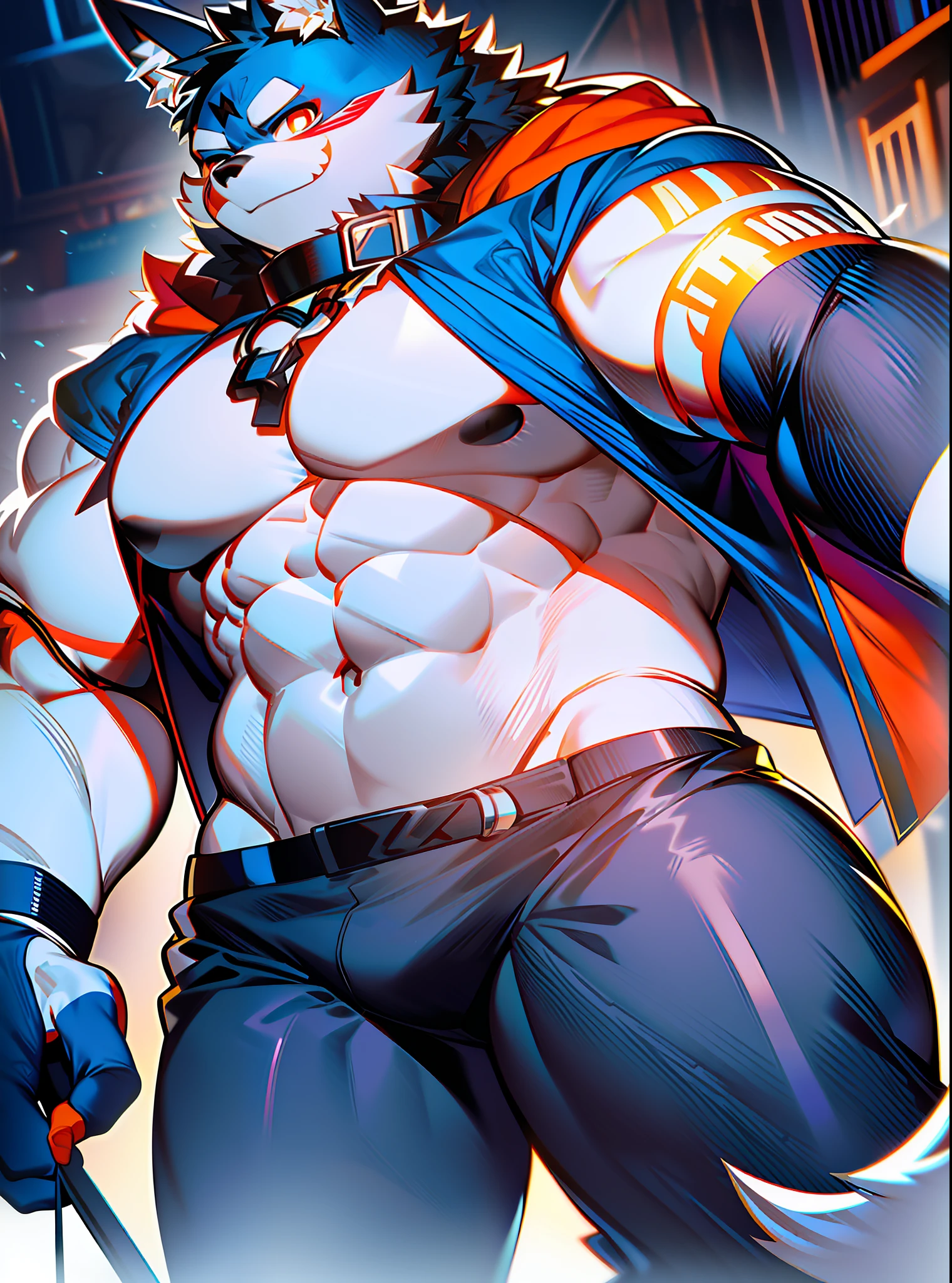 coyote,Furry,Dark blue pattern,Black hair,musculature,Muscle men,nakeness,Strong,ultraclear,Has a large ,Collar,Black shorts,Black sclera,red pupils,Abs,Red coat,The erection,Collar,Has a large ,der riese,tit,Solo,Stout arms,Storm jacket,hold fists,Badge,Pronounced abs,Huge body,Smaller head,超高分辨率,complex image,ssmile