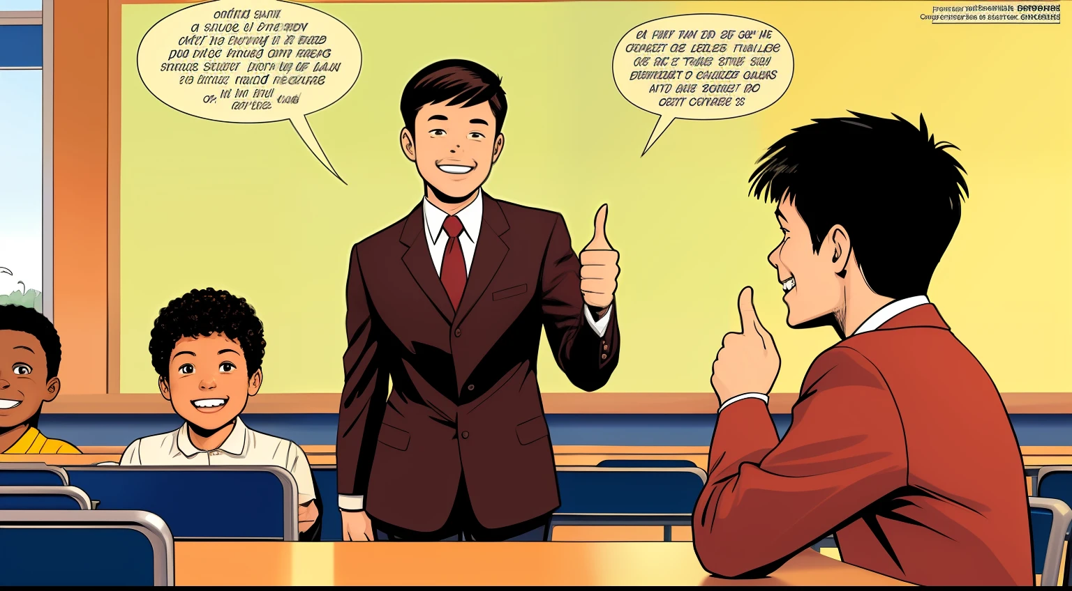 comic strip,parks,Teacher-student face to face,The teacher gave a thumbs up,Praise students,The student grinned toothyly
