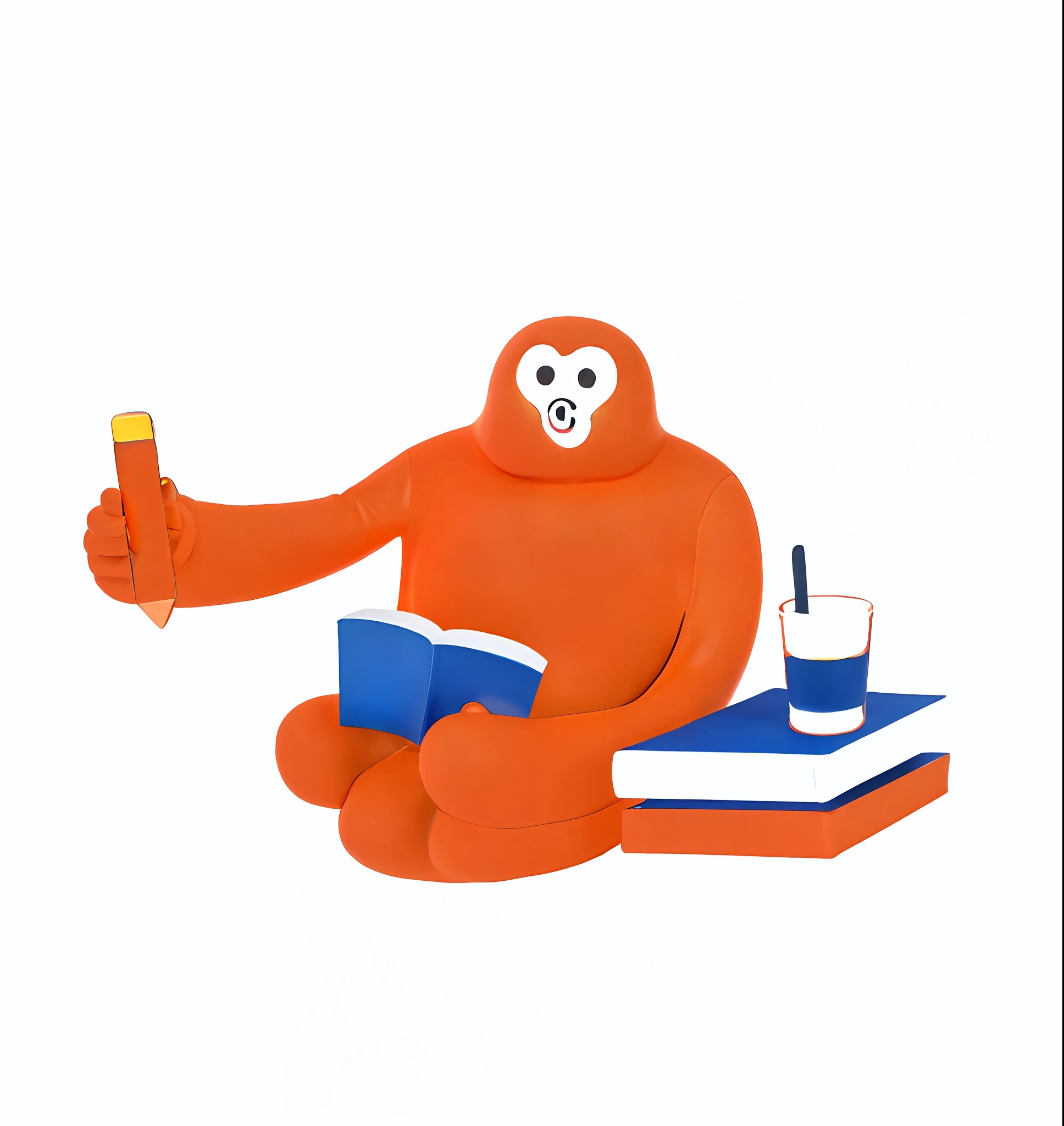 Orange funny gibbon mascot IP,Small black eyes,Fish-shaped mouth,sitting cross-legged,Hold a book and pen,Spit bubbles into your mouth,The gibbon mascot is orange all over,Non-human characters,