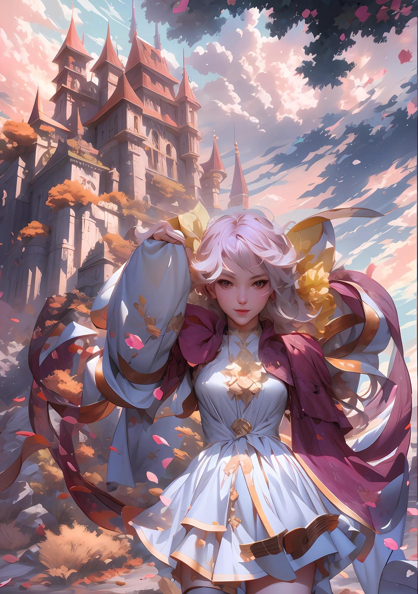 anime girl with a hat and a dress in front of a castle, cushart krenz key art feminine, anime fantasy illustration, anime fantasy artwork, fantasy art style, 2. 5 d cgi anime fantasy artwork, portrait of magical girl, high detailed official artwork, 8k high quality detailed art, vanillaware artwork, loish and wlop,a beautiful artwork illustration, detailed matte fantasy portrait, beautiful line art, great digital art with details, goddess. extremely high detail, 4k detailed digital art, stunning digital illustration, digital fantasy illustration,((Best quality)), ((masterpiece)), (detailed:1.4), 3D, an image of a beautiful female,HDR (High Dynamic Range),Ray Tracing,NVIDIA RTX,Super-Resolution,Unreal 5,Subsurface scattering,PBR Texturing,Post-processing,Anisotropic Filtering,Depth-of-field,Maximum clarity and sharpness,Multi-layered textures,Albedo and Specular maps,Surface shading,Accurate simulation of light-material interaction,Perfect proportions,Octane Render, Two-tone lighting,Wide aperture,Low ISO,White balance,Rule of thirds,8K RAW,subsurface scattering, best ratio of four fingers and one thumb