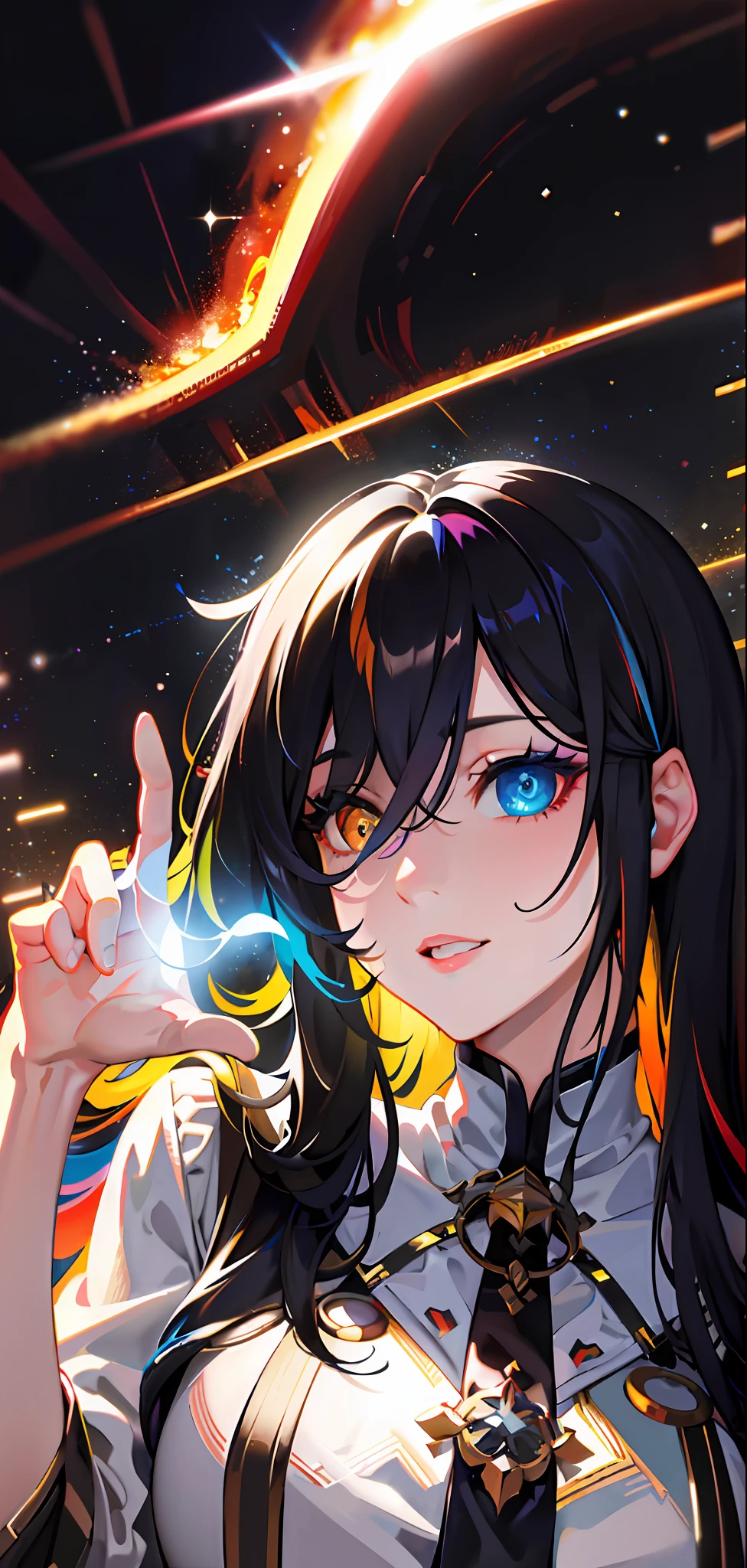 {{masterpiece}}, best quality, extremely detailed CG unity 8k wallpaper, cinematic lighting, lens flare, beautiful detail eyes, black, side glance, multicolor hair, colorful light, particles, heterochromia, (colorful:1.5), (colorful hair:1.5),
