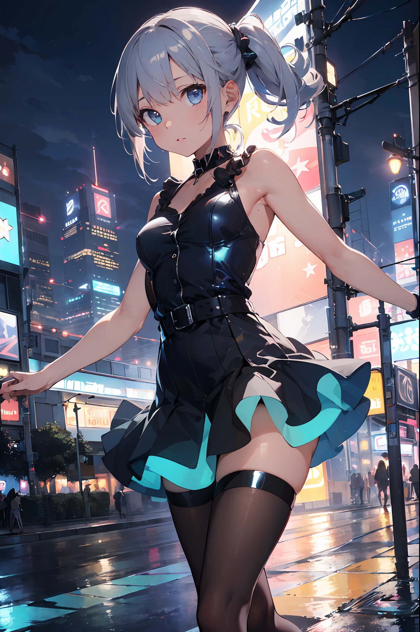 ((masterpiece:1.4, best quality))++, (ultra detailed)+,(best quality,ultra-detailed,vivid color,colorful, dynamic angle, high contrast:1.2),upper body,
(two-tone metallic red color short tight party dress:1.2),sexy,(short_skirt:1.3),high_heels,stockings,sleeveless,bare back,(futuristic cityscape,racing track, neon sign, search light, holograms:1.3),delicate face, delicate features,(from below:0.5),
fashionable, vibrant, outfit, posing, front, colorful, dynamic, background, elements, confident, expression, statement, accessory, majestic, coiled, around, scene,cover, bold, attention-grabbing,stylish, font, catchy, striking, modern, trendy, focus, fashion,
cute 1girl,(solo:1.3),(flat chest:1.2),double ponytail,(jewel-like blue eyes:1.3), (shiny hair, silver long hair:1.3), haneoka_meimi,