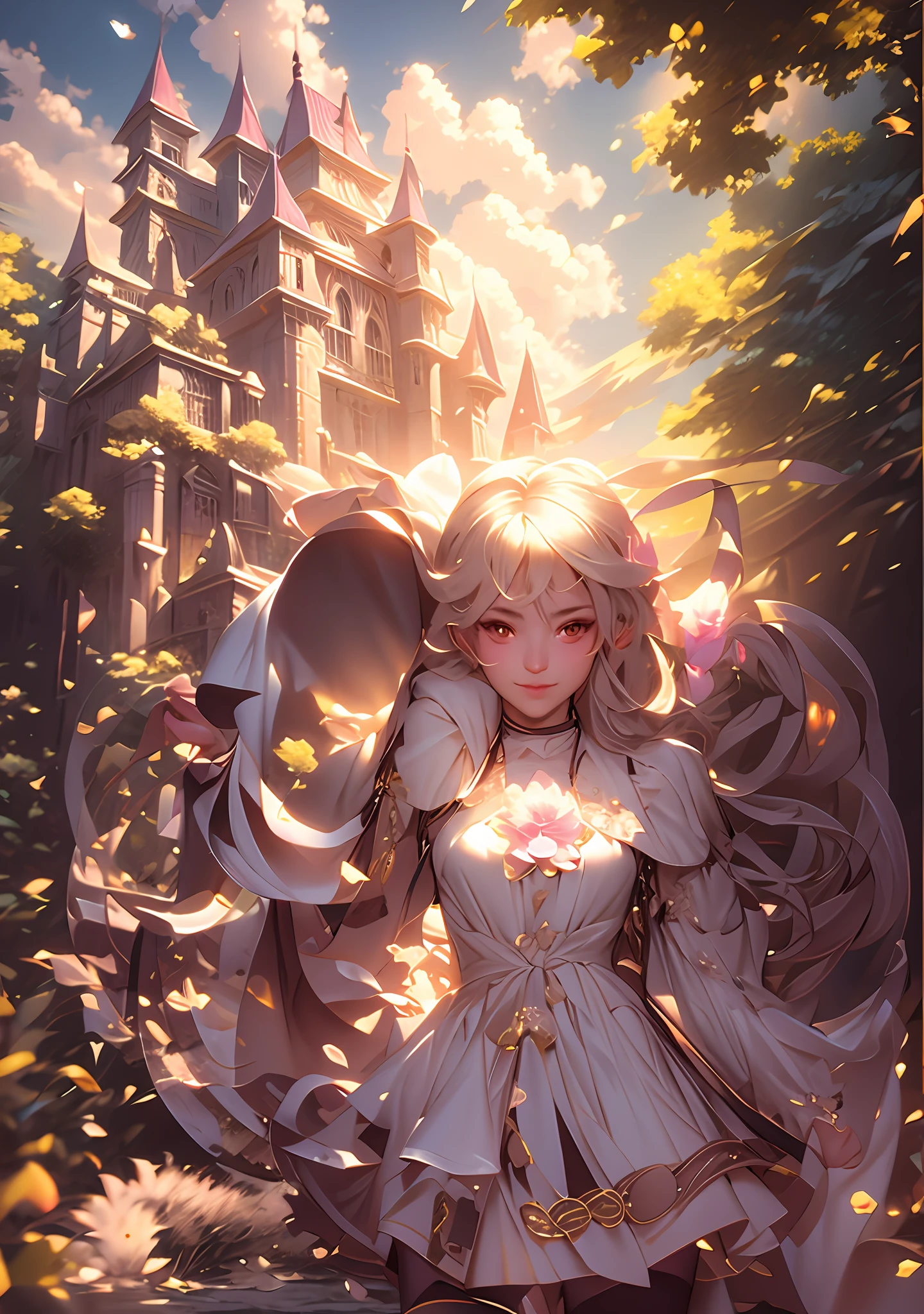 anime girl with a hat and a dress in front of a castle, cushart krenz key art feminine, anime fantasy illustration, anime fantasy artwork, fantasy art style, 2. 5 d cgi anime fantasy artwork, portrait of magical girl, high detailed official artwork, 8k high quality detailed art, vanillaware artwork, loish and wlop,a beautiful artwork illustration, detailed matte fantasy portrait, beautiful line art, great digital art with details, goddess. extremely high detail, 4k detailed digital art, stunning digital illustration, digital fantasy illustration,((Best quality)), ((masterpiece)), (detailed:1.4), 3D, an image of a beautiful female,HDR (High Dynamic Range),Ray Tracing,NVIDIA RTX,Super-Resolution,Unreal 5,Subsurface scattering,PBR Texturing,Post-processing,Anisotropic Filtering,Depth-of-field,Maximum clarity and sharpness,Multi-layered textures,Albedo and Specular maps,Surface shading,Accurate simulation of light-material interaction,Perfect proportions,Octane Render, Two-tone lighting,Wide aperture,Low ISO,White balance,Rule of thirds,8K RAW,subsurface scattering, best ratio of four fingers and one thumb