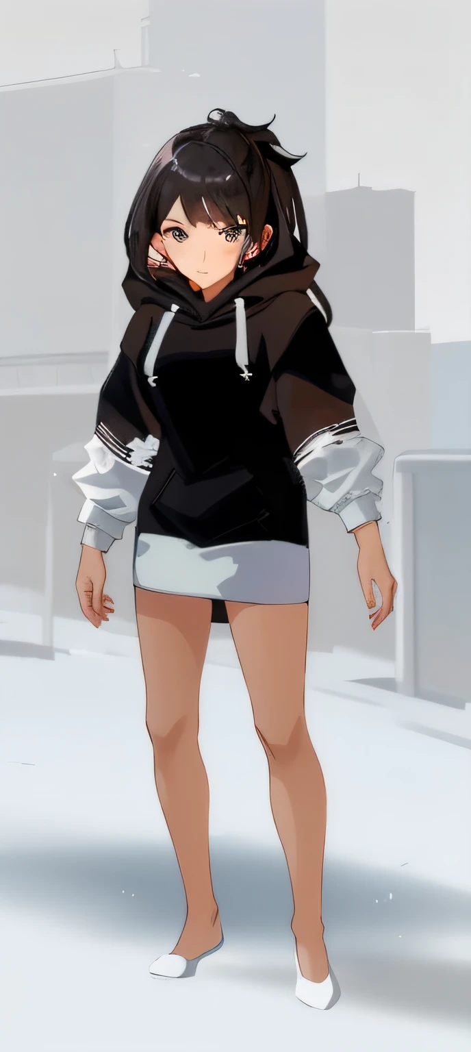A cartoon girl in a black and white dress stands in the city, feminine outfit, Full body picture, upper body avatar, Robrock avatar, black haired girl wearing hoodie, Full body female, female human body whole body, multilayered outfit, full bodyesbian;, Casual pose, anime vtuber full body model