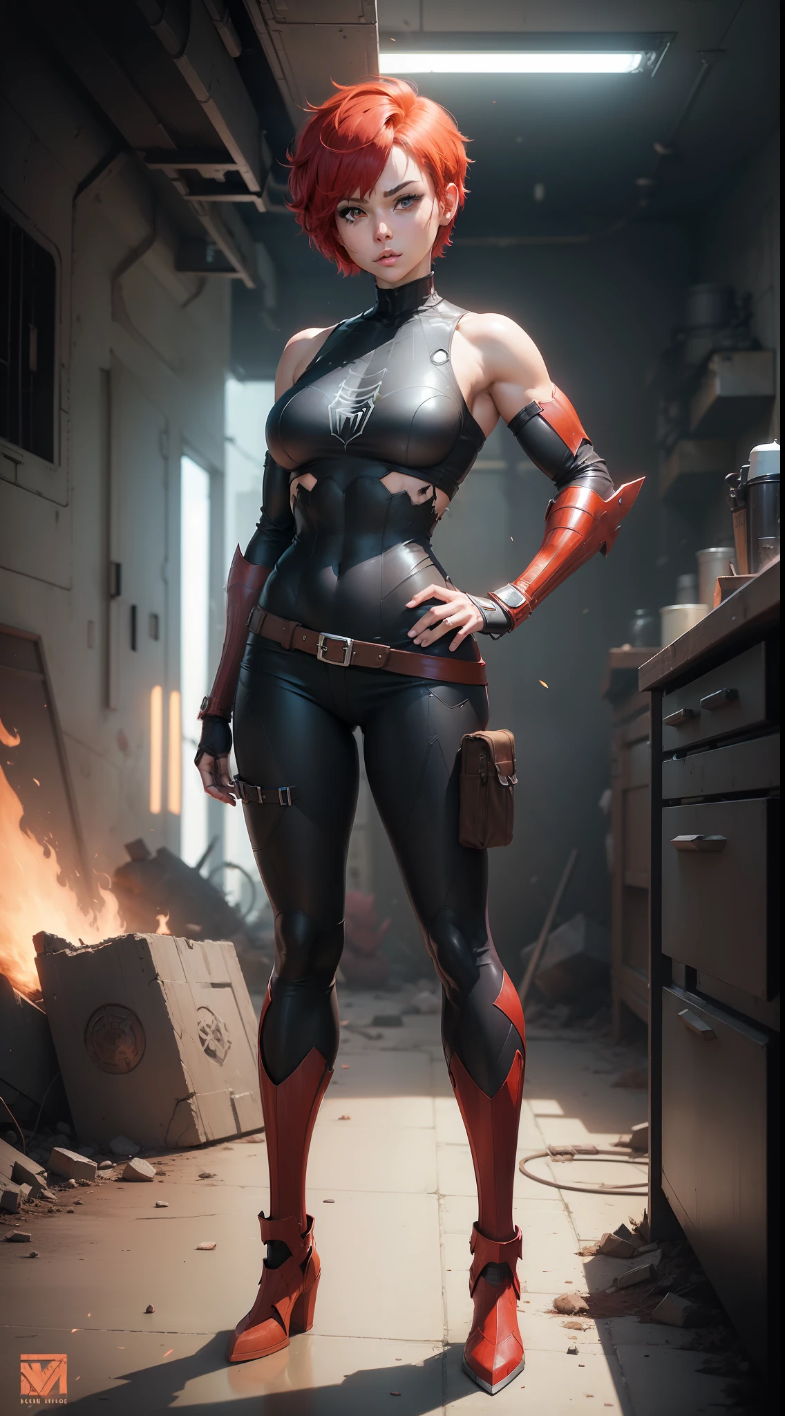 ((((Webtoon style)))), ((((Character description)))) girl in destroyed futuristic steel armor, pixie short red hair, Russian, full body, casual pose], [Ultra mega hyper ripped muscles ]