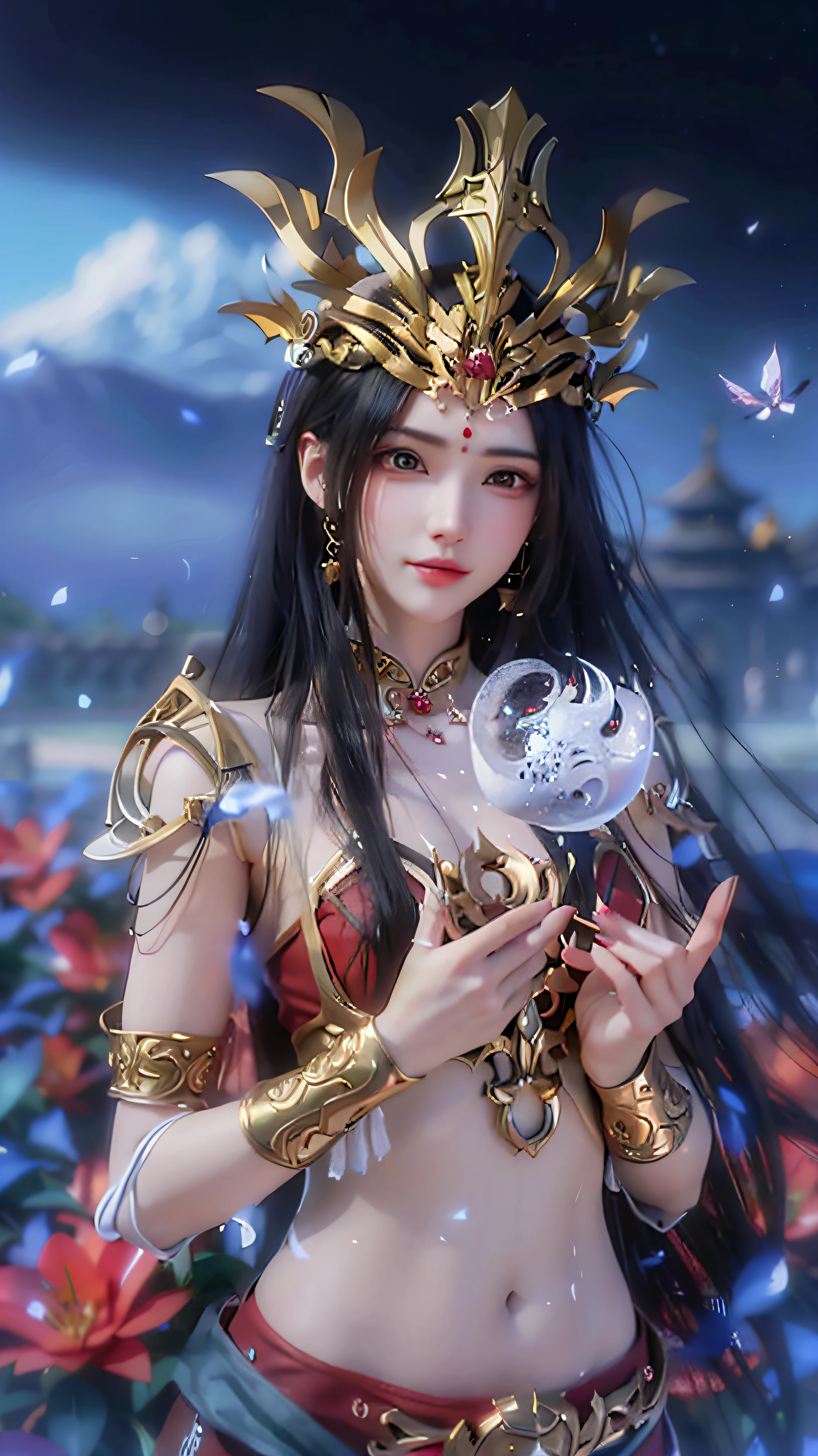 Close-up of a woman in a red dress and gold jewelry, （（elvish ears）），Royal Sister，Superb beauty，Queen Medusa，Beautiful and elegant queen, portrait of a queen,  Xianxia, a beautiful fantasy empress, xianxia fantasy, Beautiful young wind spirit, inspired by Li Mei-shu, ((a beautiful fantasy empress)), zhao yun, xianxia hero, 3 d anime realistic, full-body xianxia, Smooth anime CG art