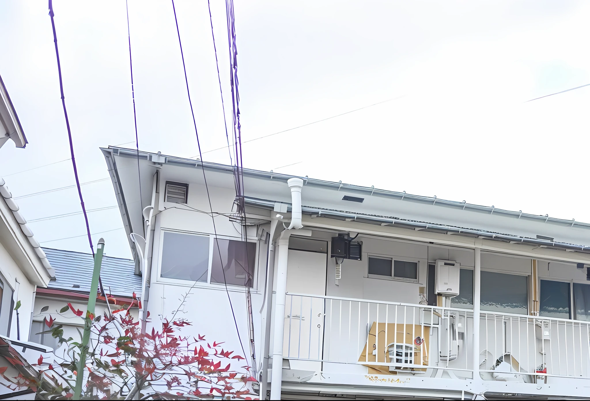 There is a white house with a balcony and balcony, Residential area, Japanese houses, Shot by Sigma 2 0 mm f1. 4, taken with canon 8 0 d, a wide full shot, 2 4 mm iso 8 0 0, full device, Outside view, outside view, up there, F / 1. 9 6. 8 1 mm iso 4 0