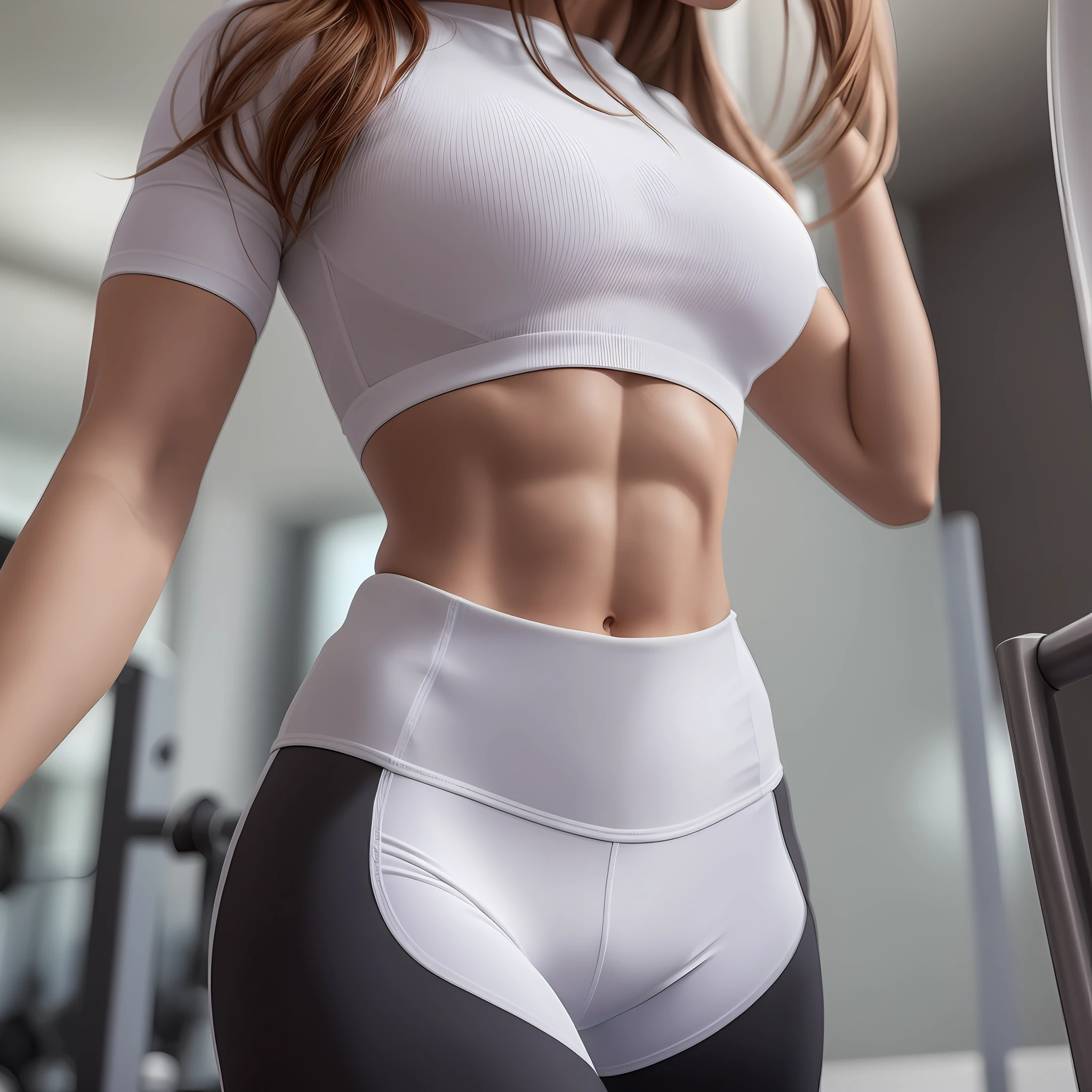 16K resolution，超高分辨率，Stand in gym wearing a white top and black shorts, fit girl, slim toned body, flat belly，Crop top shirt and smooth belly, fit woman, fit body, No abs, fit curvy physique, Perfect body, Sexy body, smooth body features,  fit physique, Strong body, sexy body and sexy abdomen, best qualtiy，tmasterpiece
