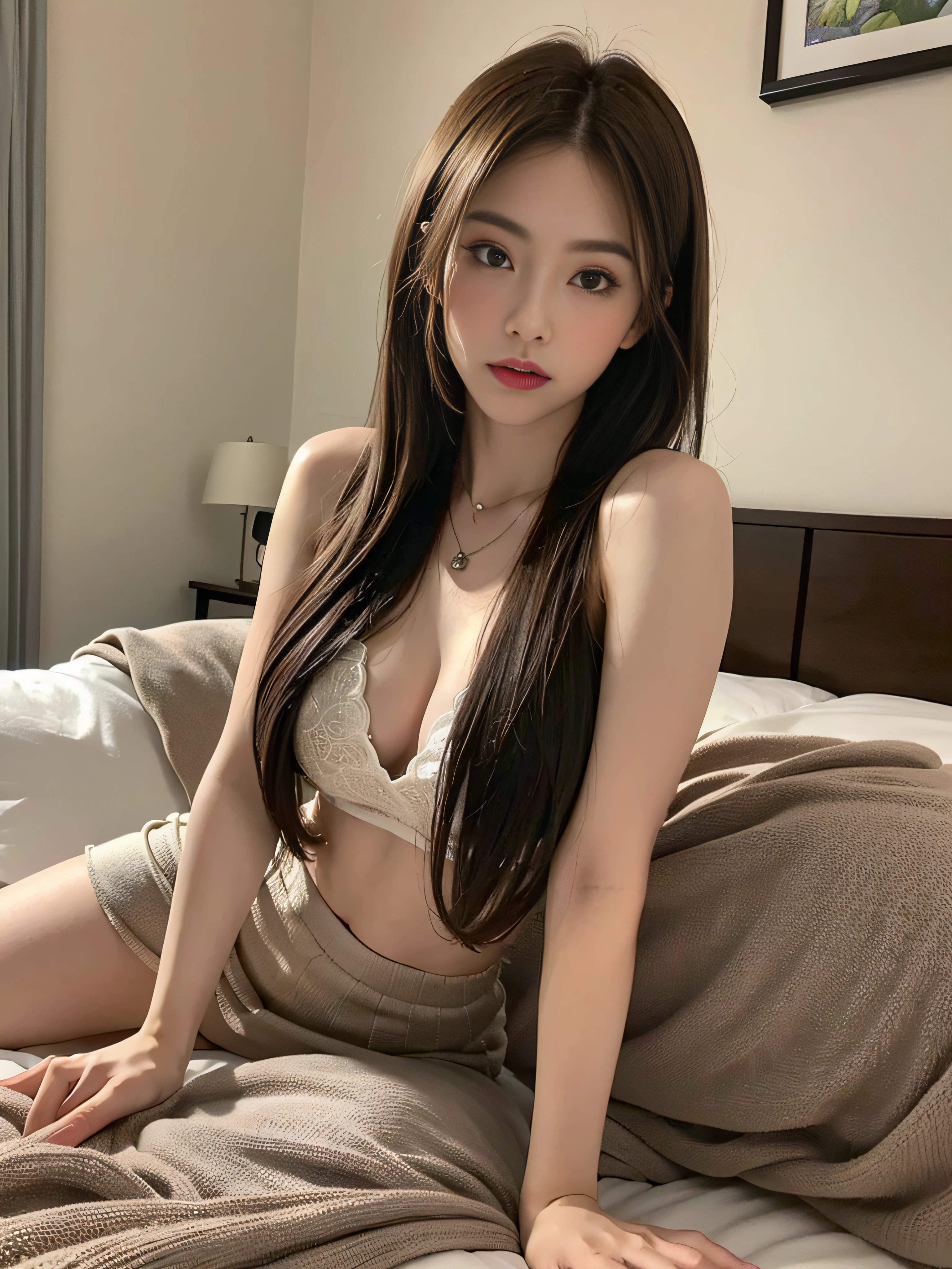 ((Realistic lighting、top-quality、8K、masterpiece:1.3))、Clear focus:1.2、perfect anatomia、nsfw:1.2,((nudde:1.3))、1girl in、perfectbodybeauty:1.4、Slim abs:1.1、dark-brown eyes、((dark brown hair、middlebreasts:1.2))、(Acceleration:1.4)、Slender face、on the beds、laying on back、Lying、Open your legs、Looking at the camera、(24 year old:1.3)、hyperdetailed face、A detailed eye、二重まぶた、a necklace、Bird's eye view