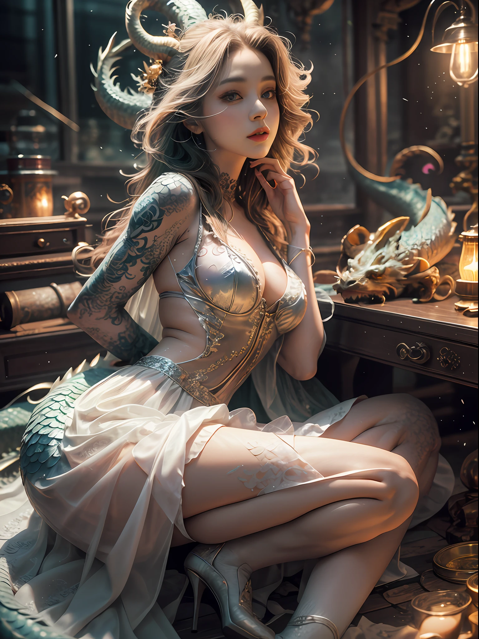 Dragon_Real,(Very detailed CG unity 8K wallpaper,tmasterpiece,best qualtiy,ultra - detailed,beatiful detailed eyes:1.2),best illuminate,(The best shadow,Extremely refined and beautiful,full bloom),The girl is surrounded by dragons,(1girll:1.4),nedium breasts,独奏,full bodyesbian,tattooed back,white dresses,(Colorful dragon:1.4),naked leg,long skirt,tmasterpiece,4K,Award-winning photos,extremely detaile,astounding,finely detailled,absurderes,Highly detailed woman,Extremely detailed eyes and face,piercing eyes,Large breasts,Photography 4 Kodak Portra 400 camera F1。6 kinds of colorful lenses,hyper realistic texture,Dramatic lighting IR Real Engine Art Station Cinestill 800 tungsten lamp pop,high-heels,stocklings
