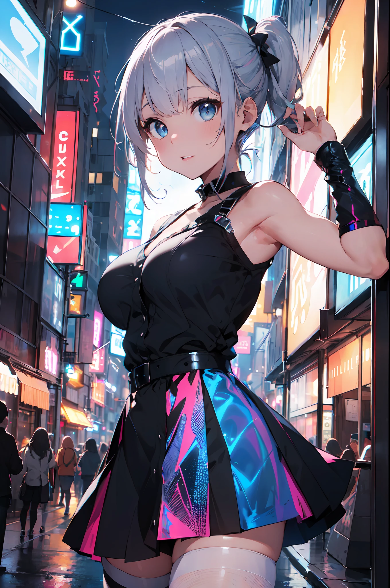 ((masterpiece:1.4, best quality))++, (ultra detailed)+,(best quality,ultra-detailed,vivid color,colorful, dynamic angle, high contrast:1.2),upper body,
(two-tone metallic red color short tight party dress:1.2),sexy,(short_skirt:1.3),high_heels,stockings,sleeveless,bare back,(futuristic cityscape,racing track, neon sign, search light, holograms:1.3),delicate face, delicate features,(from below:0.5),
fashionable, vibrant, outfit, posing, front, colorful, dynamic, background, elements, confident, expression, statement, accessory, majestic, coiled, around, scene,cover, bold, attention-grabbing,stylish, font, catchy, striking, modern, trendy, focus, fashion, , dynamic pose,
cute 1girl,(solo:1.3),(big breast:1.2),double ponytail,(jewel-like blue eyes:1.3), (shiny hair, silver long hair:1.3), haneoka_meimi,