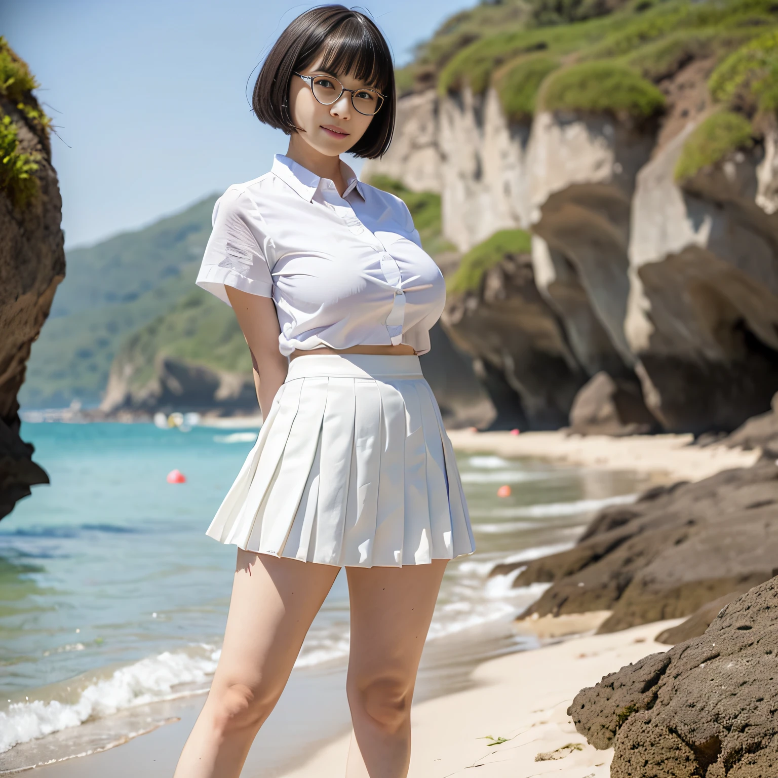 (1lady),black bowl cut,smirk,big breast,Wide-rimmed glasses,(white shirt),(white Short skirt ,Pleated skirt:1.4),Stand on the beach by the sea