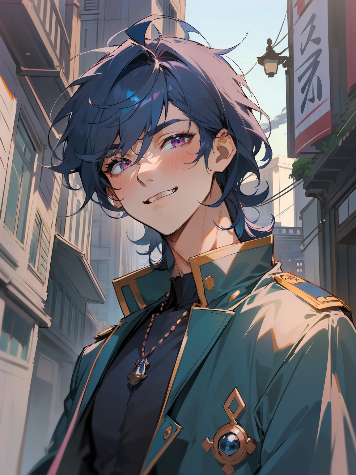 Ultra Detail,Haig Quality,sketch,1boy,matured male,Beautiful face,(Navy blue hair,Outer hair:1.3),Handsome men,Pearl skin,black tshirt,Moss Green Mod Court,Dynamic Angle,Japan Anime,Pink eyes,Laugh,Like a cat's eye,city,male in his 20s,