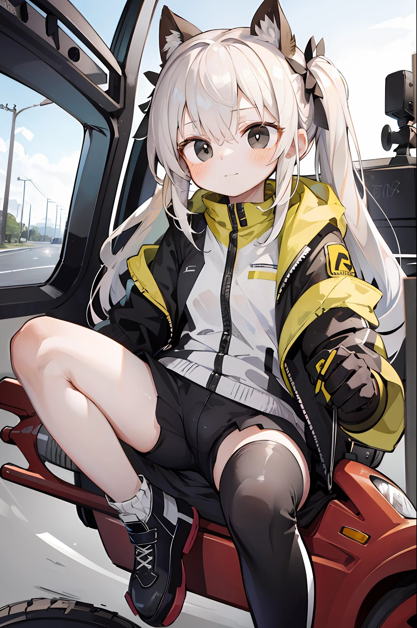 (Masterpiece, Best Quality:1.3), 1Girl, Rider Jacket, motorcycle, Driving gloves , Beige hair, Long hair, Shaggy Cut, Black eyes,