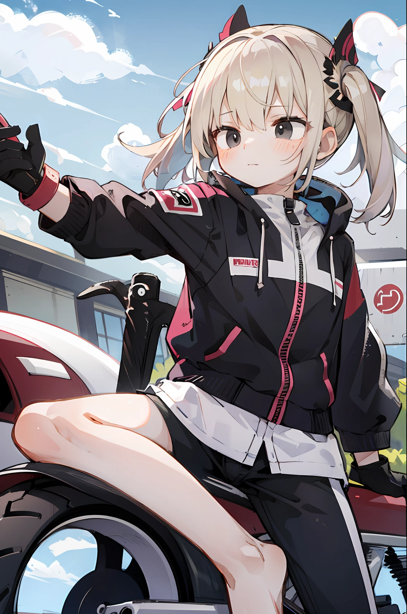 (Masterpiece, Best Quality:1.3), 1Girl, Rider Jacket, motorcycle, Driving gloves , Beige hair, Long hair, Shaggy Cut, Black eyes,