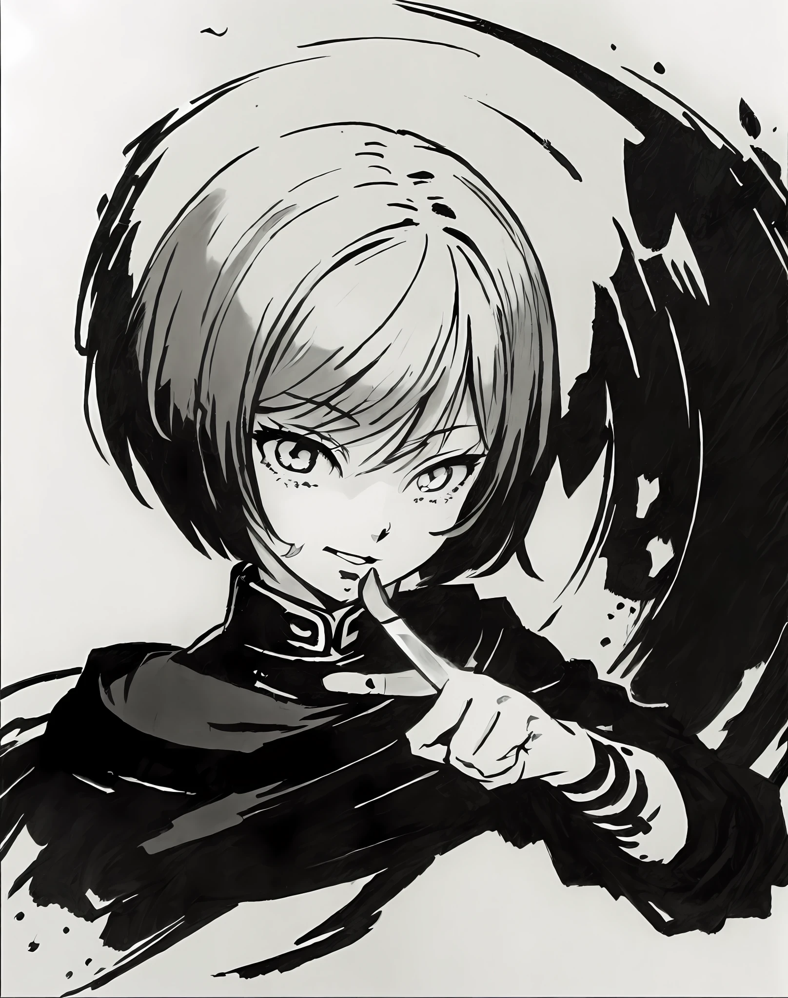 The anime character holds a knife in his hand，The background is black and white, ink manga drawing, pencil and ink manga drawing, pencil and ink manga, portrait of a female anime hero, extremely fine ink lineart, anime portrait of shiina ringo, manga pen, black ink line art, demon slayer rui fanart, manga painting, black and white manga style