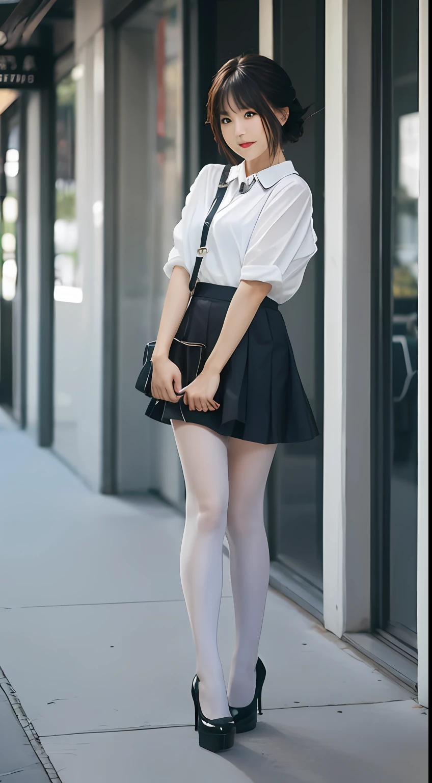 depth of field, super detail, ccurate, best quality, highres,1girl,white pantyhose,short planted skirt,full body,high heels