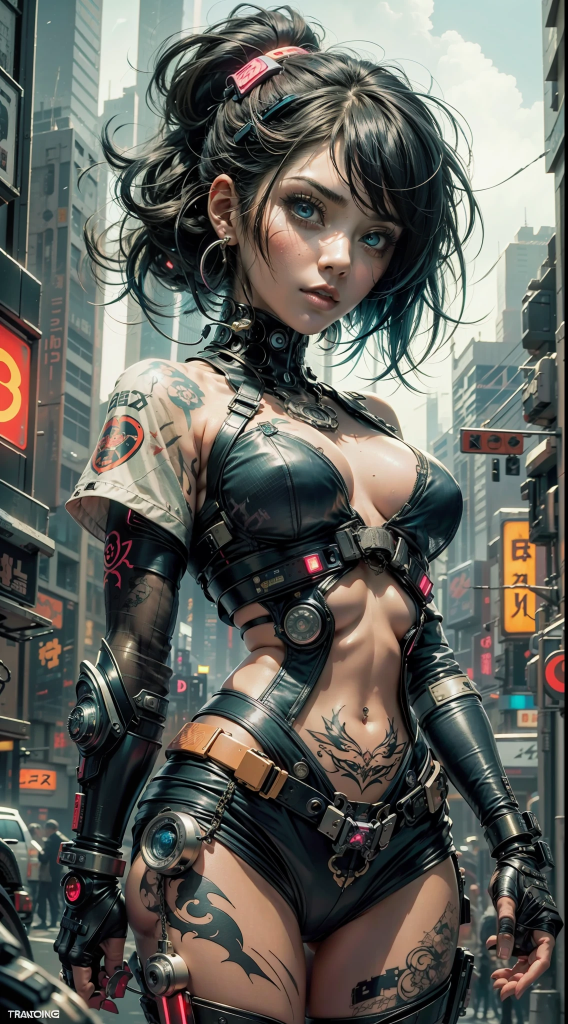 masterpiece, best quality, 1 cyberpunk girl standing, Harajuku-inspired cyberpunk body harness, body tattoo, bold colors and patterns, eye-catching accessories, trendy and innovative hairstyle, dazzling Cyberpunk cityscape, skyscrapers, neon signs, LED lights, bright and vivid color scheme, anime, illustration, detailed skin texture, detailed cloth texture, beautiful detailed face, intricate details, ultra detailed, cinematic lighting, dark shadows.