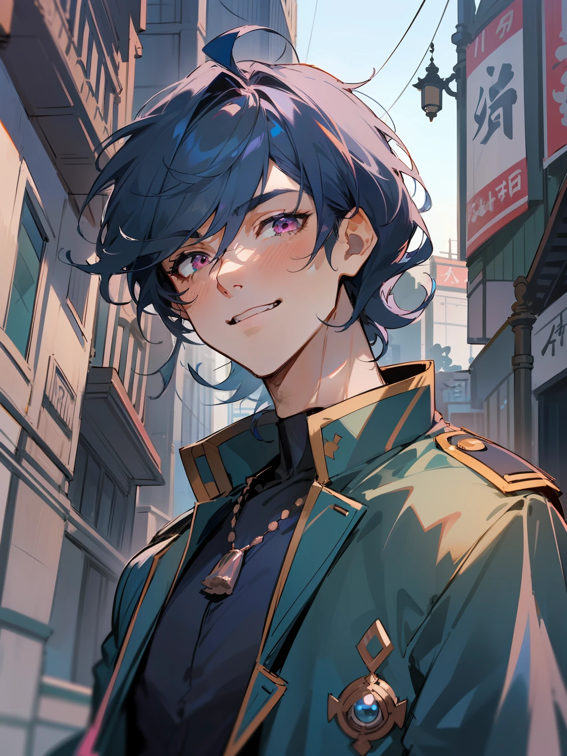 Ultra Detail,Haig Quality,sketch,1boy,matured male,Beautiful face,(Navy blue hair,Outer hair:1.3),Handsome men,Pearl skin,black tshirt,Moss Green Mod Court,Dynamic Angle,Japan Anime,Pink eyes,Laugh,Like a cat's eye,city,male in his 20s,