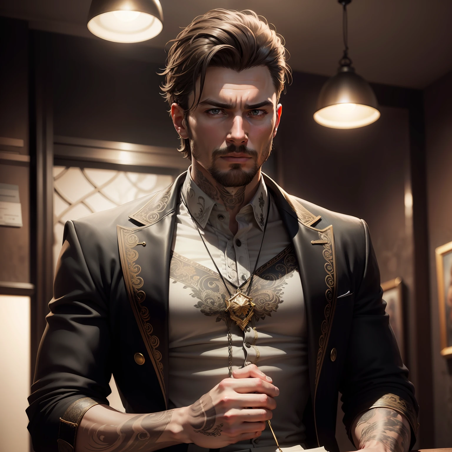 masterpiece, best quality, realistic, 1male, solo, 30-year-old, gotic, tatoo, intricately detailed face, cool man, cinematic scene, dramatic light, 8k, determined look, Intricate details, highly detailed, Sharp focus, a digital rendering, professional, 4K, art stations, Art germ, fantasy, full body, elegant, perfect face, theater, magic show
