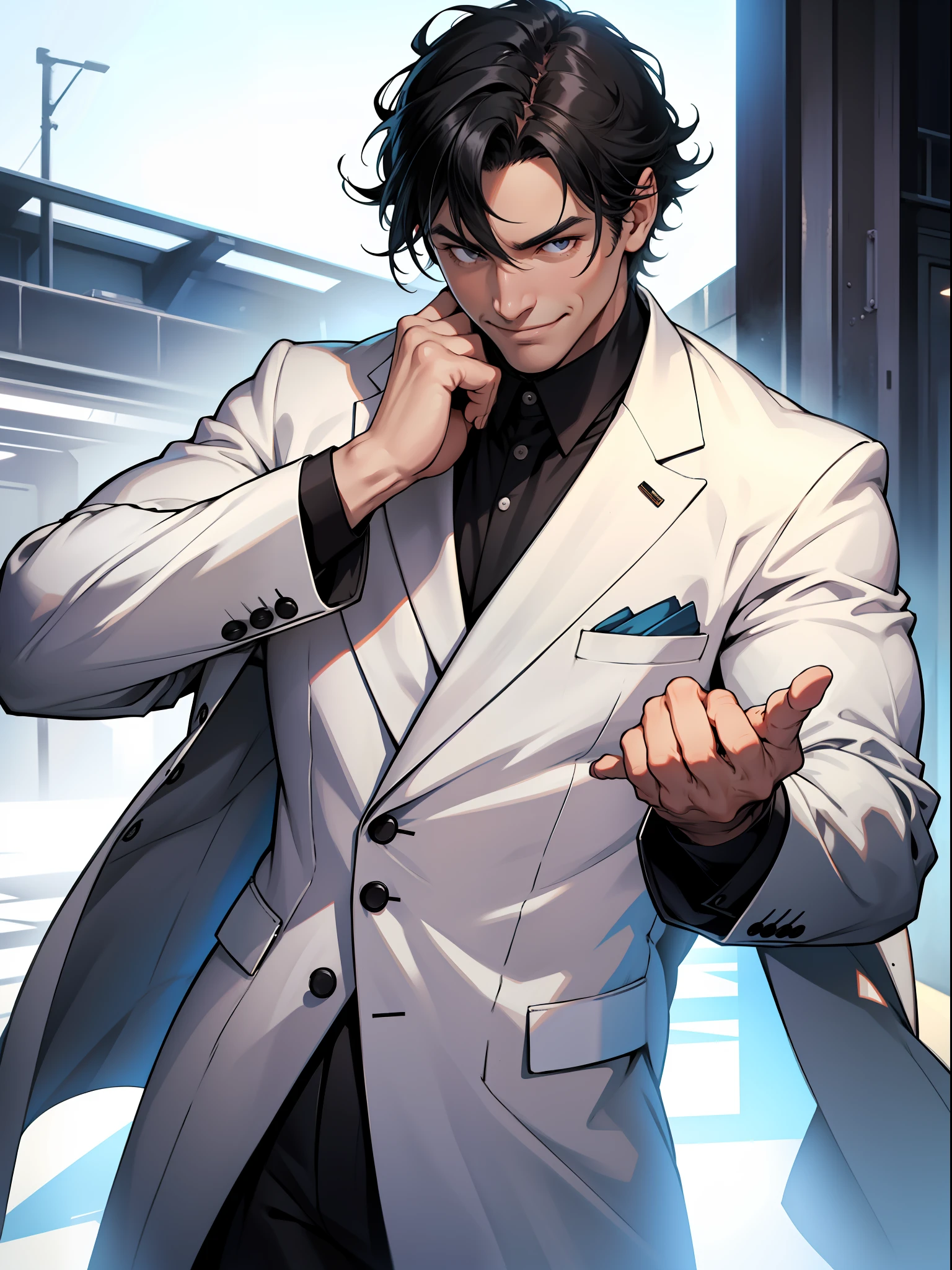 A middle-aged man in a white suit,Black colored hair,A treacherous smile,Touching your chin