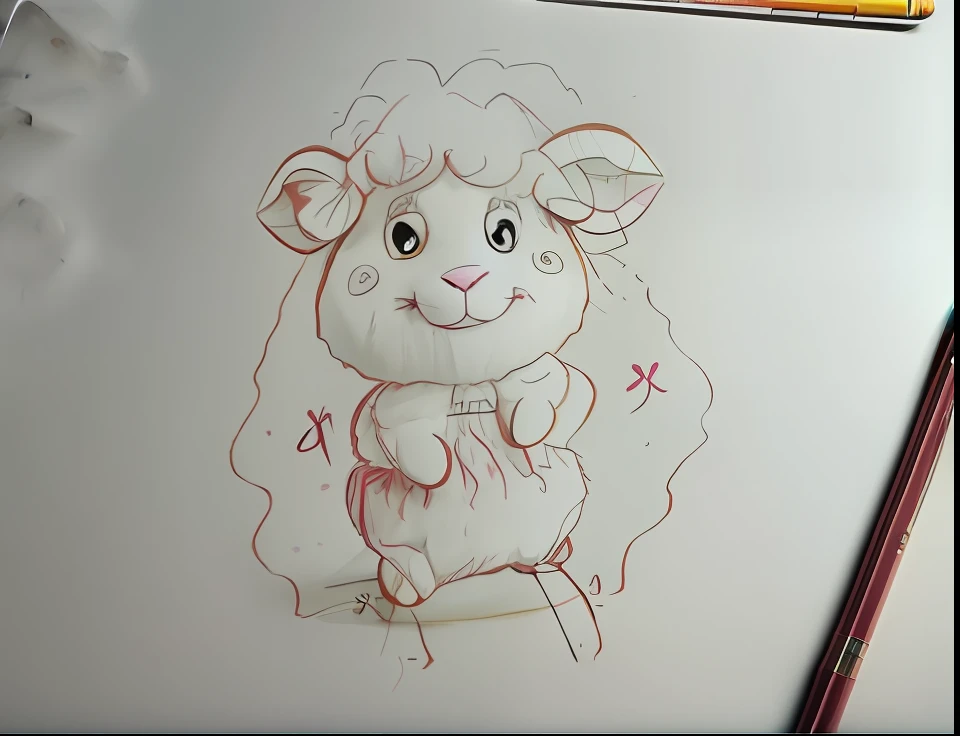 Close-up of sheep drawn in pencil, children's book drawing, drawn on white parchment paper, Drawing on parchment, horned ram goddess, a drawing, Children\'s book drawing, contour drawing, Cartoon drawing, Outline sketch, Simple drawing, lamb and goat fused as one, classroom doodle, kids fantasy drawing, Animal painting coloring
