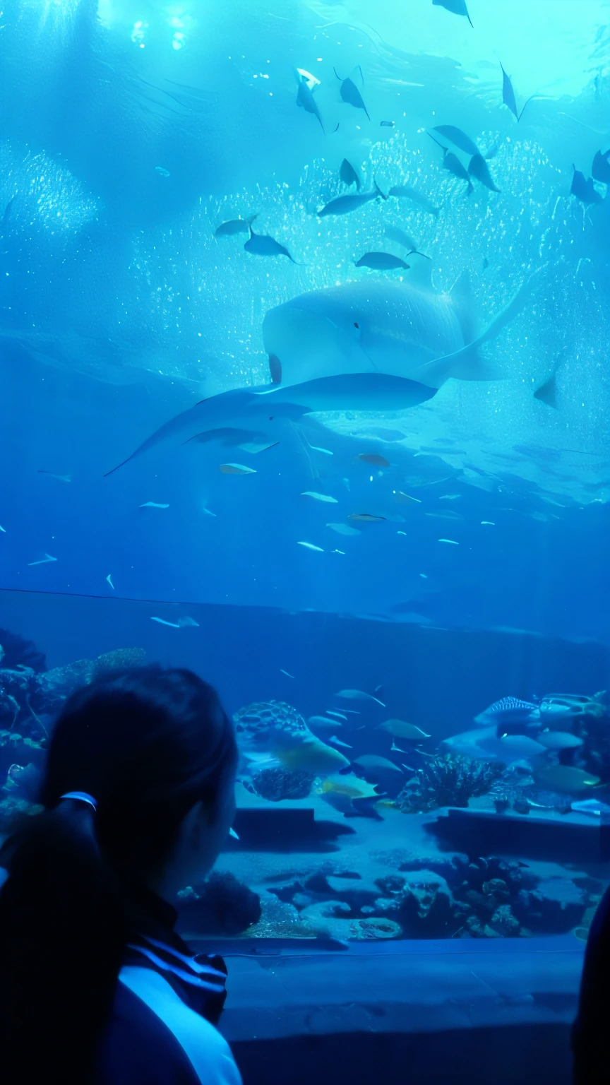 People look at a large aquarium with fish, okinawa churaumi aquarium, Aquarium, big aquarium, giant whale tank with legs, mermaid in distance, ocean floor, [ Realistic photo ]!!, taken with the best dlsr camera, Atlantis in the background, over the shoulder shot, side profile in underwater, A huge glass jar, manta, Under the ocean