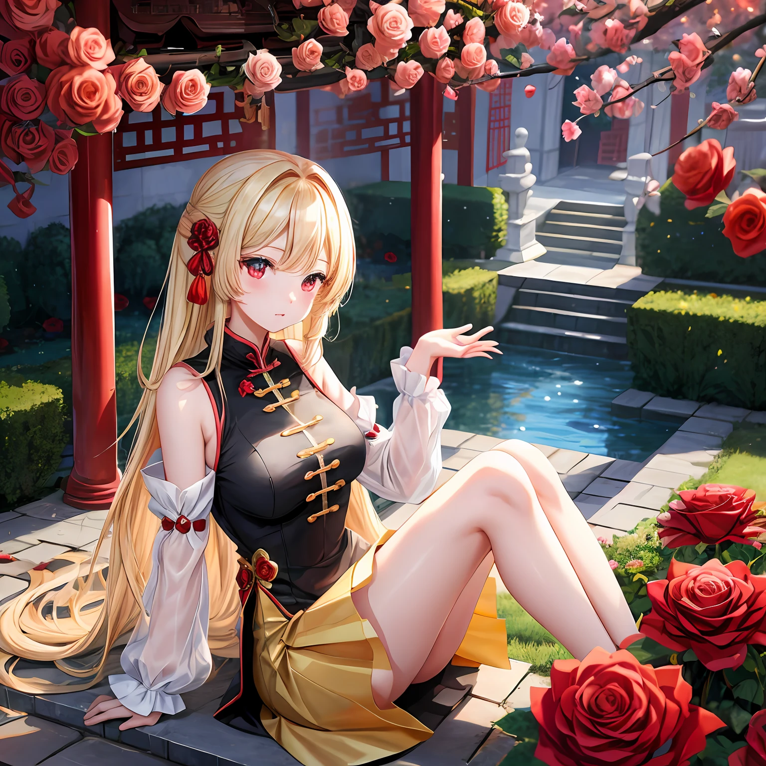 a blond、red eyes、Beautiful girl alone、kawaii、独奏、animesque、Chinese black clothes、off shoulders、a miniskirt、rose garden