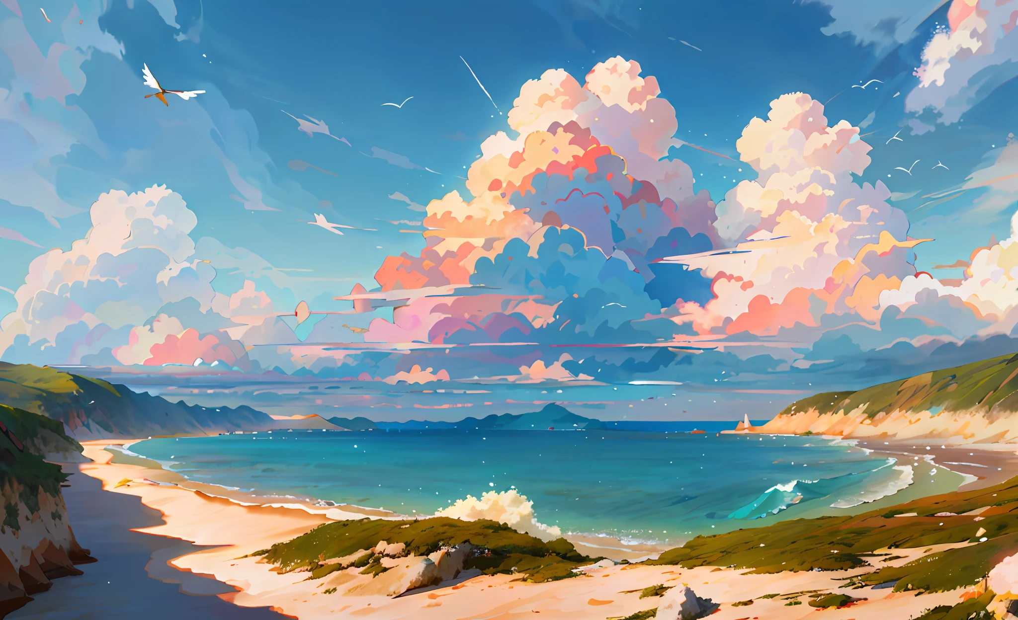 Only blue sky,White clouds and beach,Relaxed feeling,Draw a bird flying over the beach on the water, scenery background, Blue sky, Live view Landscape, Live scenery wallpaper, beautifull puffy clouds!!!, Live art wallpaper 4k, Live art wallpaper 4 K, beautiful anime scenery,Real Scene,The sea surface is connected to the sky,large scene,In the distance, it appears as a sea horizon,There are no red clouds,