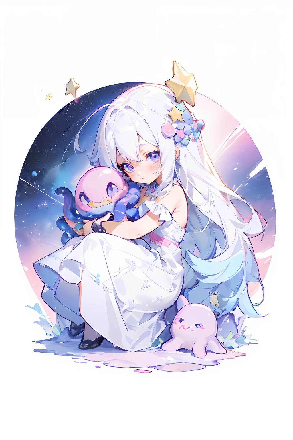 1 little Girl, long hair, pinkish white hair, light blue underlayer, simple pink dress, Star pattern costume, Time-lapse starry sky, Space, pop, simple, vivid colors, pink, purple, rocky terrain, Saturn, whole body, hugging little Stuffed toy octopus