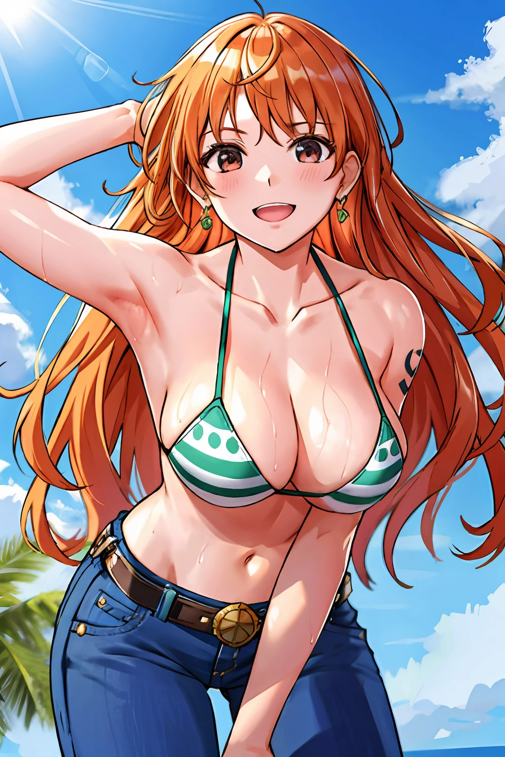 detailed background, masterpiece, 4k, best quality, late youth, adult, wrestler body, 1girl, active, energic, uppercut, (large mouth) , solo, nami \(one piece\), 1girl, bangle, (very wet, drenched in sweat, sweat all over body, very wet hair, tired, taking breath, open mouth, hand on stomach, sweaty face, sweaty body, panting, sweating too much, shiny sweat, sweat stains, leaning forward, tilting, hands on knees, waving good bye), perfect detailed face, bold drawing lines, muscular arms, detailed bold arm lines, flat jaw, adult woman, wavy wide streaked bangs, floating bang streaks, (big cheeks), bare shoulders, off-shoulders, belt, bikini, bikini top only, blue sky, bracelet, springy breasts, breast lines, big round eyes, plain big brown shiny eyes, bubbles, high eye position, cleavage, cloud, day, denim, earrings, floating hair, shiny hair, green belt, green bikini, bold groin lines, jeans, jewelry, large breasts, log pose, long hair, looking at viewer, navel, wet hair, orange hair, pants, shoulder tattoo, sidelocks, sky, solo, standing, stomach, swimsuit, tattoo , looking at viewer, open mouth, detailed left arm, big forehead, hourglass figure, small head, toned body, wide hair, wind effect, sun effect, under the sun, narrow small ears angle, older, random poses,