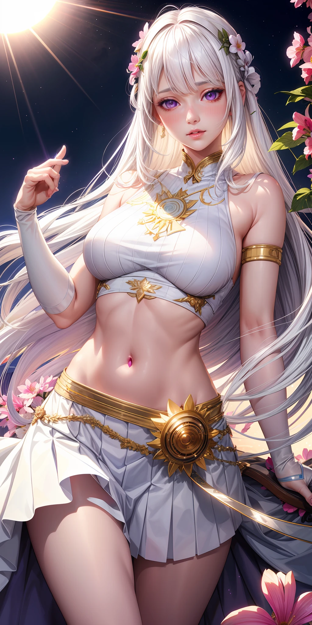realistic, 1girl, white hair, purple eyes, glowing eyes, crop top, skirt, parted lips, blush, night, flowers, sun, sunlight, high detail, goddess, angel,