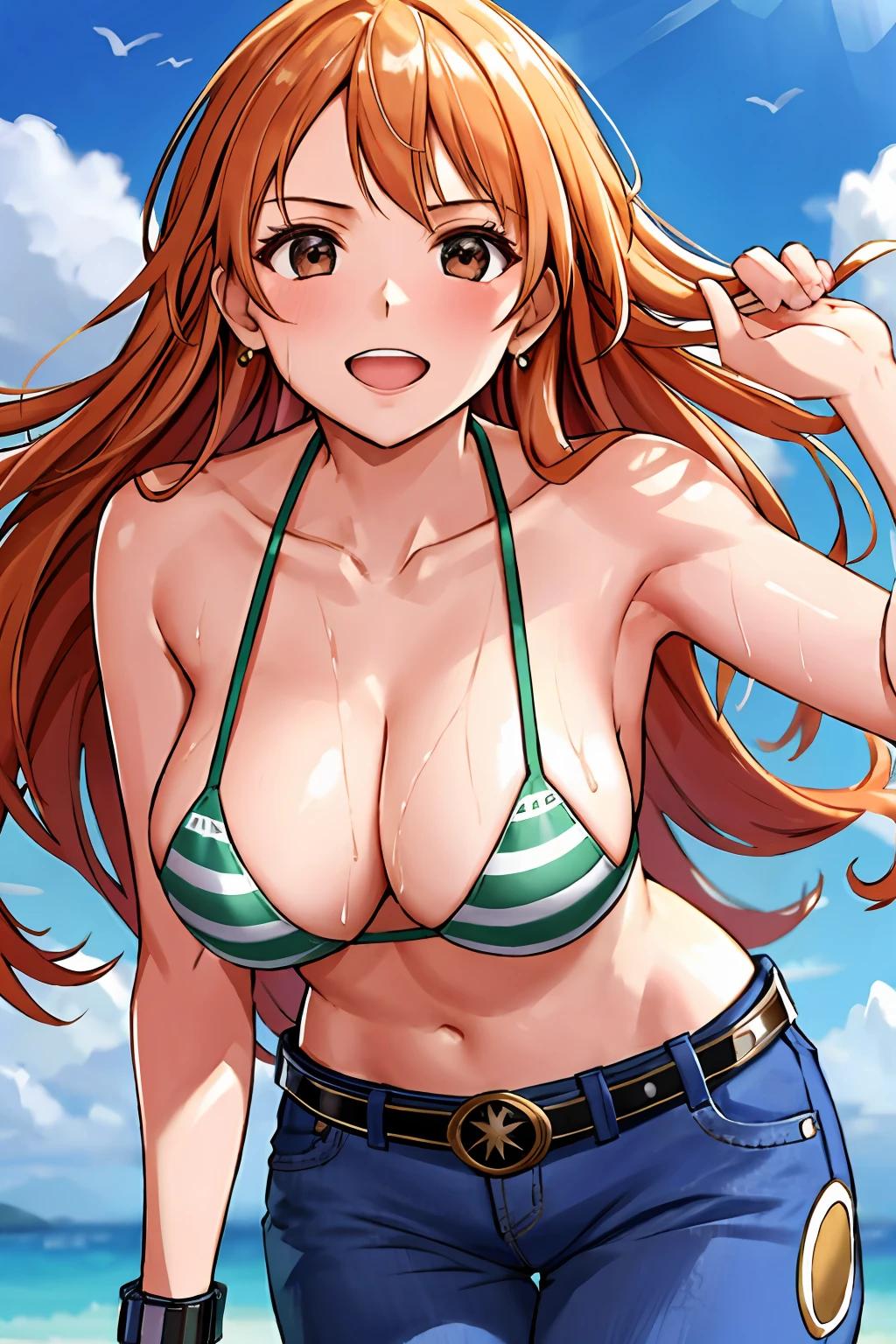 detailed background, masterpiece, 4k, best quality, late youth, adult, wrestler body, 1girl, active, energic, uppercut, (large mouth) , solo, nami \(one piece\), 1girl, bangle, (very wet, drenched in sweat, sweat all over body, very wet hair, tired, taking breath, open mouth, hand on stomach, sweaty face, sweaty body, panting, sweating too much, shiny sweat, sweat stains, leaning forward, tilting, hands on knees, waving good bye), perfect detailed face, bold drawing lines, muscular arms, detailed bold arm lines, flat jaw, adult woman, wavy wide streaked bangs, floating bang streaks, (big cheeks), bare shoulders, off-shoulders, belt, bikini, bikini top only, blue sky, bracelet, springy breasts, breast lines, big round eyes, plain big brown shiny eyes, bubbles, high eye position, cleavage, cloud, day, denim, earrings, floating hair, shiny hair, green belt, green bikini, bold groin lines, jeans, jewelry, large breasts, log pose, long hair, looking at viewer, navel, wet hair, orange hair, pants, shoulder tattoo, sidelocks, sky, solo, standing, stomach, swimsuit, tattoo , looking at viewer, open mouth, detailed left arm, big forehead, hourglass figure, small head, toned body, wide hair, wind effect, sun effect, under the sun, narrow small ears angle, older, random poses,