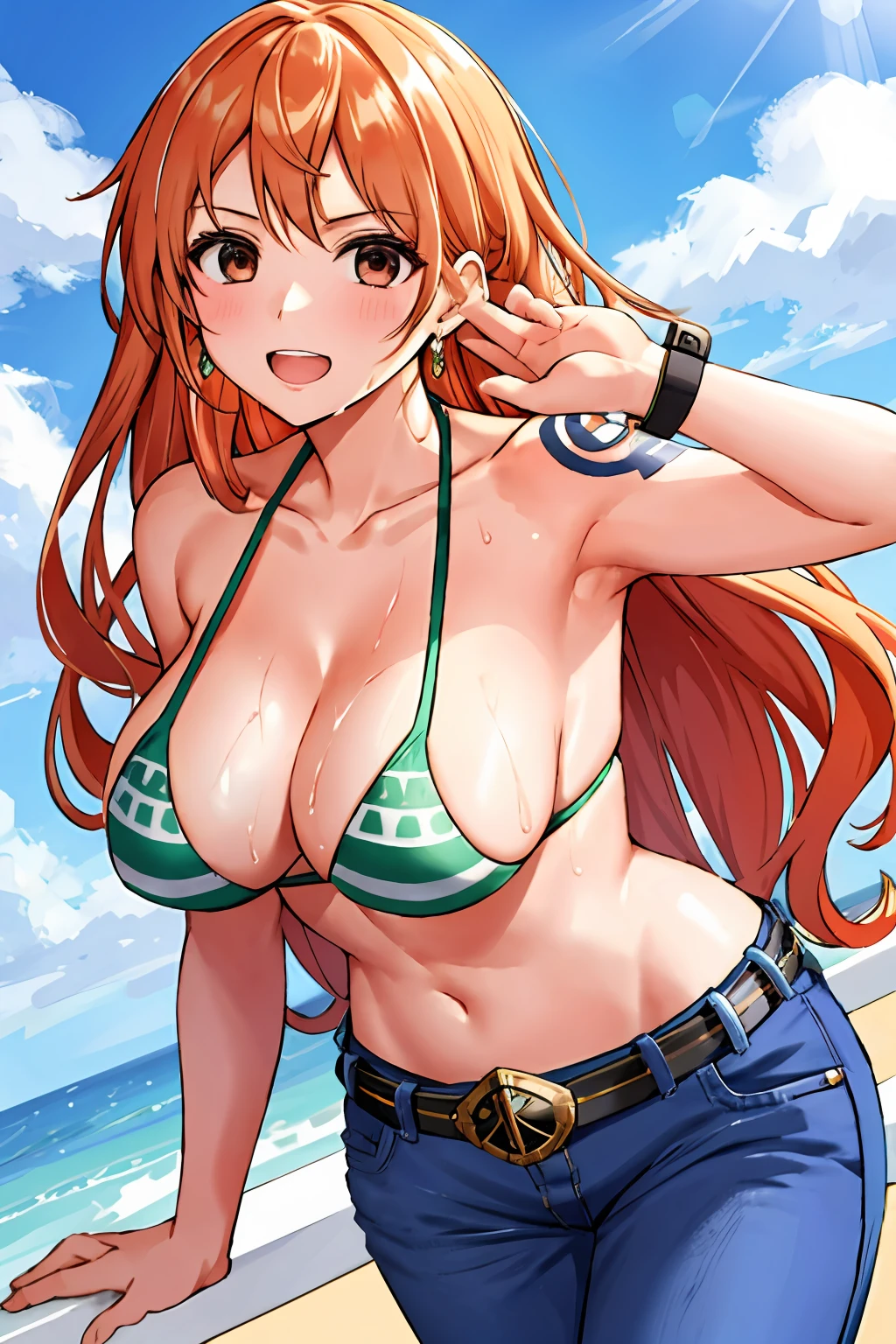 detailed background, masterpiece, 4k, best quality, late youth, adult, wrestler body, 1girl, active, energic, uppercut, (large mouth) , solo, nami \(one piece\), 1girl, bangle, (very wet, drenched in sweat, sweat all over body, very wet hair, tired, taking breath, open mouth, hand on stomach, sweaty face, sweaty body, panting, sweating too much, shiny sweat, sweat stains, leaning forward, tilting, hands on knees, waving good bye), perfect detailed face, bold drawing lines, muscular arms, detailed bold arm lines, flat jaw, adult woman, wavy wide streaked bangs, floating bang streaks, (big cheeks), bare shoulders, off-shoulders, belt, bikini, bikini top only, blue sky, bracelet, springy breasts, breast lines, big round eyes, plain big brown shiny eyes, bubbles, high eye position, cleavage, cloud, day, denim, earrings, floating hair, shiny hair, green belt, green bikini, bold groin lines, jeans, jewelry, large breasts, log pose, long hair, looking at viewer, navel, wet hair, orange hair, pants, shoulder tattoo, sidelocks, sky, solo, standing, stomach, swimsuit, tattoo , looking at viewer, open mouth, detailed left arm, big forehead, hourglass figure, small head, toned body, wide hair, wind effect, sun effect, under the sun, narrow small ears angle, older, random poses,