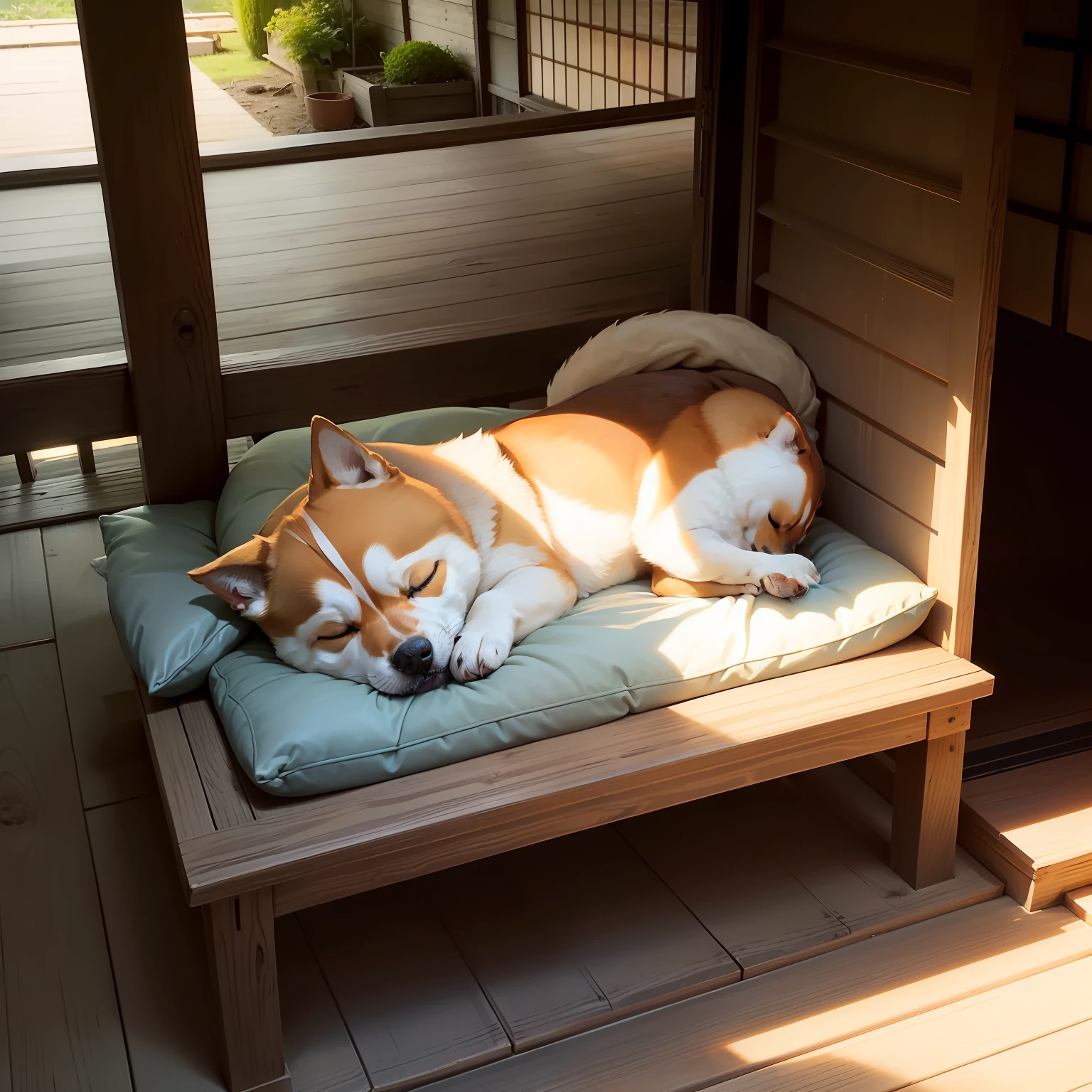 Shiba Inu sleeping on a cushion on the porch of an old folk house、A Japanese style、Dramatic、Cinematic style、Sunlight、top-quality、​masterpiece